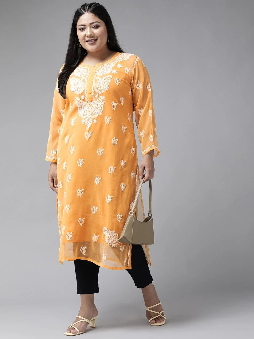 Ada Hand Embroidered Mustard Georgette Lucknowi Chikankari Straight Kurta With Slip A411158