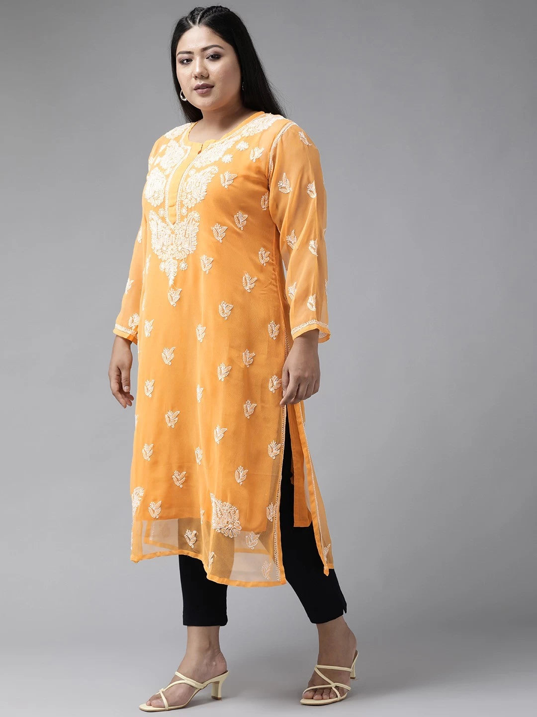 Ada Hand Embroidered Mustard Georgette Lucknowi Chikankari Straight Kurta With Slip A411158