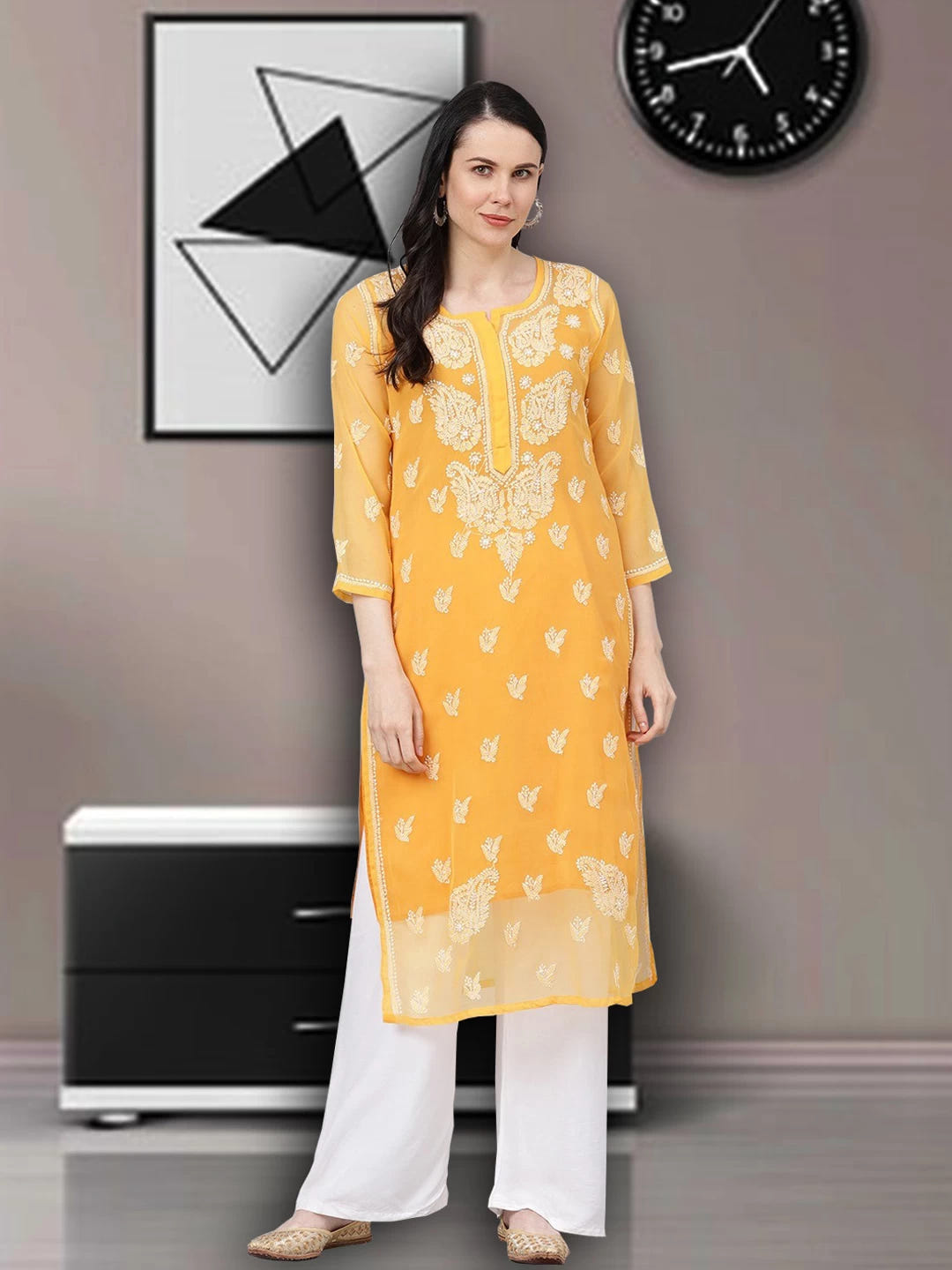 Ada Hand Embroidered Mustard Georgette Lucknowi Chikankari Straight Kurta With Slip A411158