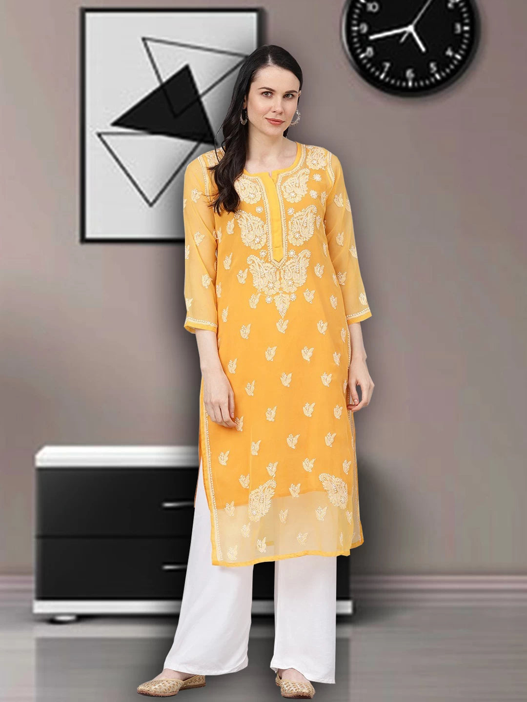Ada Hand Embroidered Mustard Georgette Lucknowi Chikankari Straight Kurta With Slip A411158