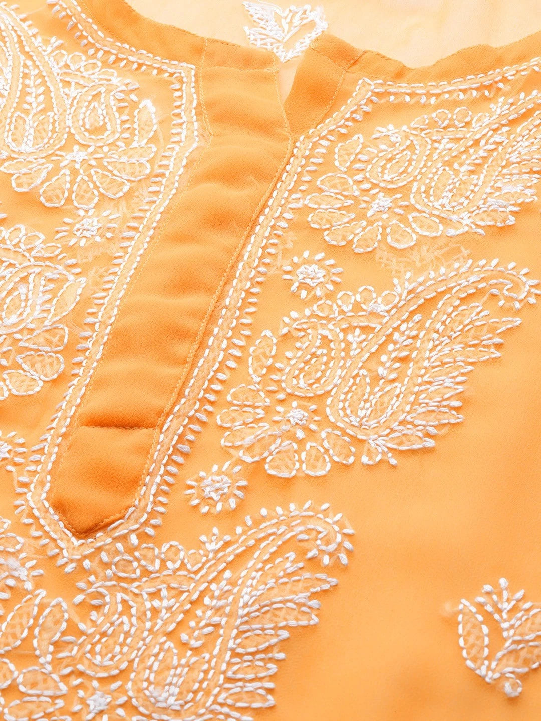 Ada Hand Embroidered Mustard Georgette Lucknowi Chikankari Straight Kurta With Slip A411158