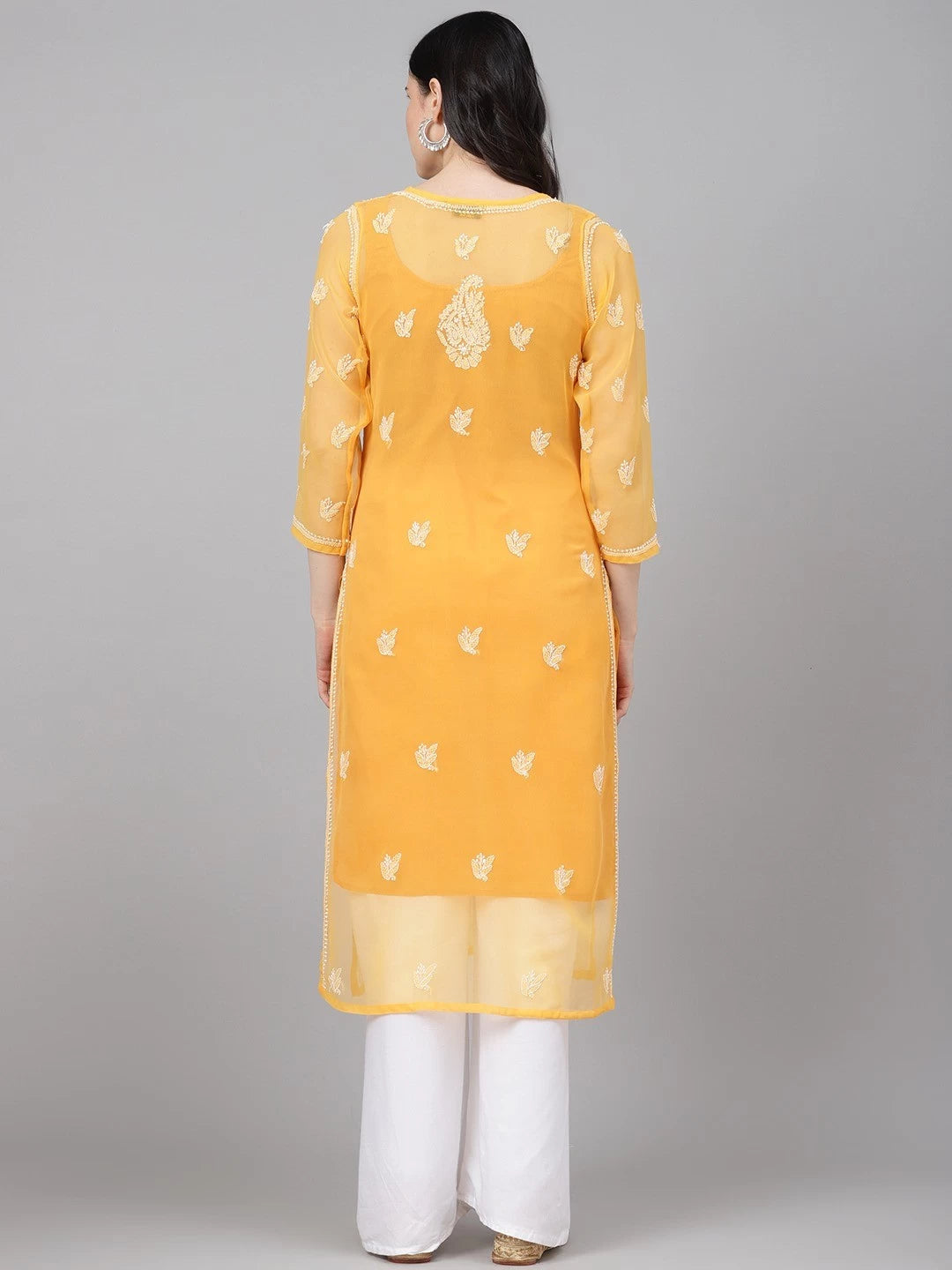 Ada Hand Embroidered Mustard Georgette Lucknowi Chikankari Straight Kurta With Slip A411158