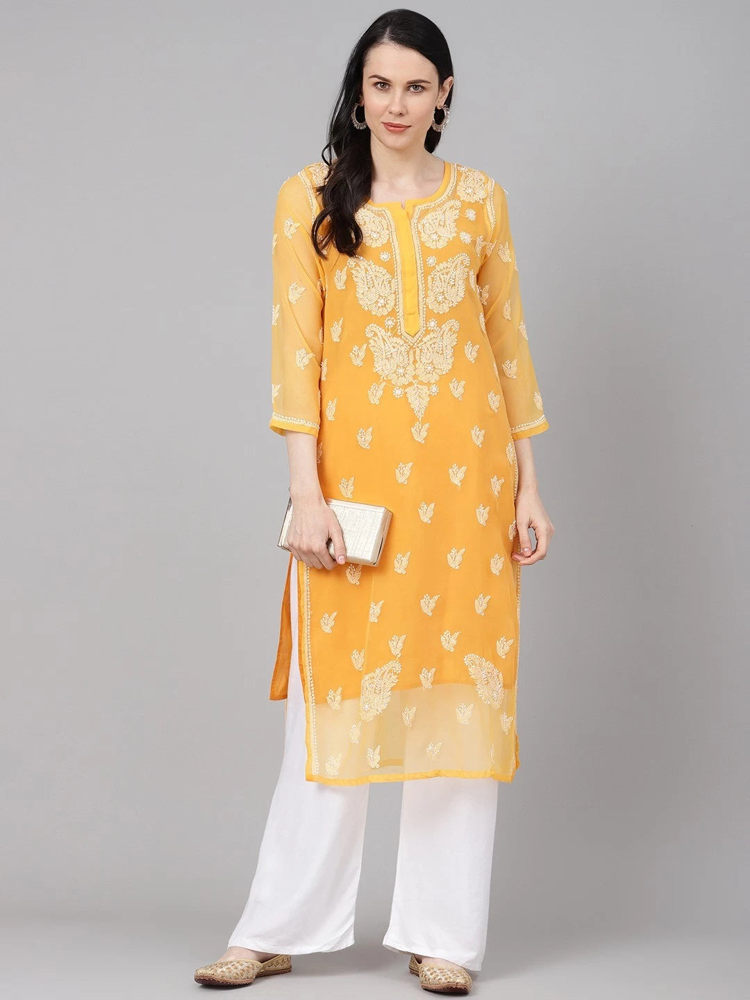 Ada Hand Embroidered Mustard Georgette Lucknowi Chikankari Straight Kurta With Slip A411158