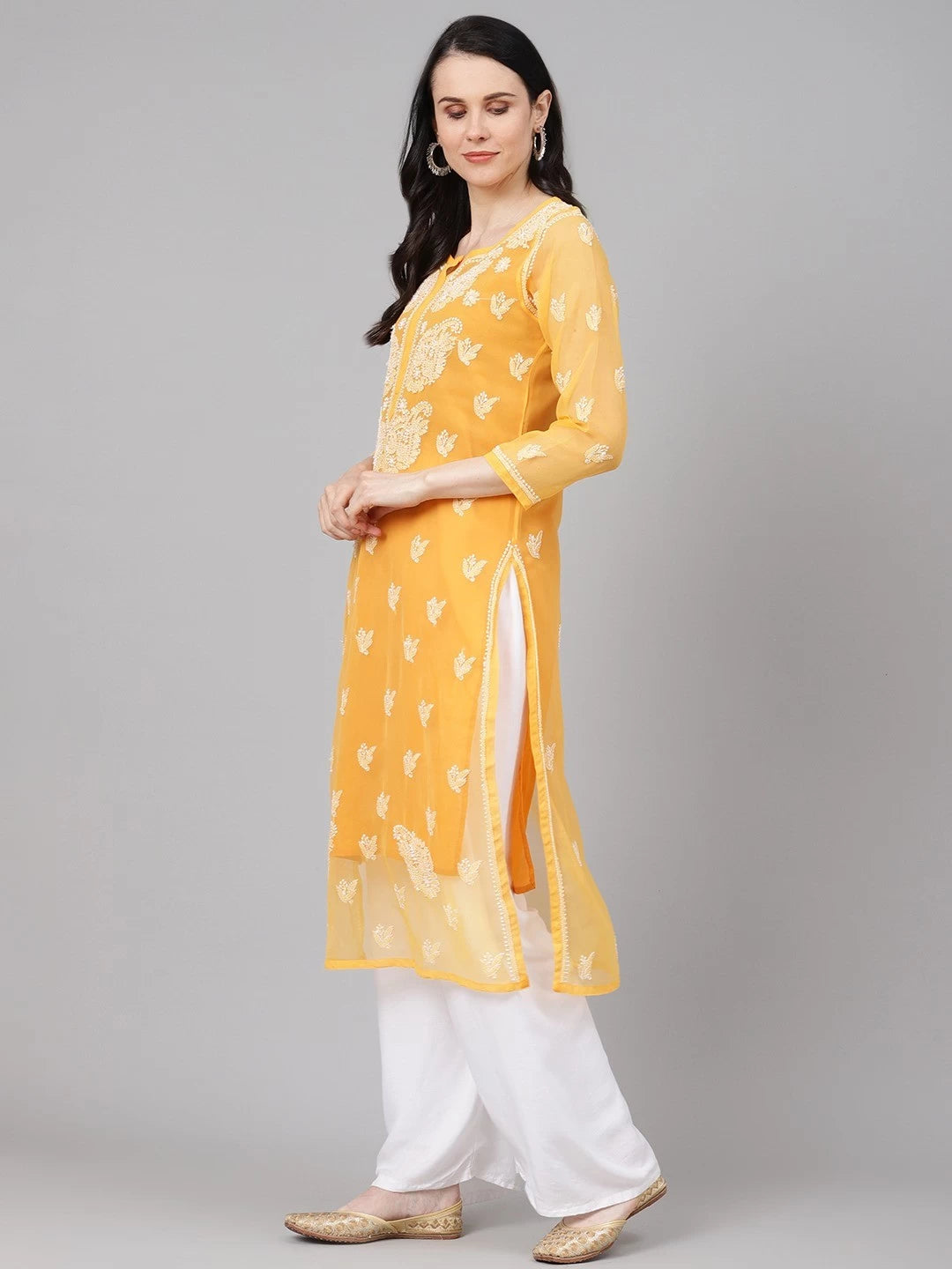 Ada Hand Embroidered Mustard Georgette Lucknowi Chikankari Straight Kurta With Slip A411158