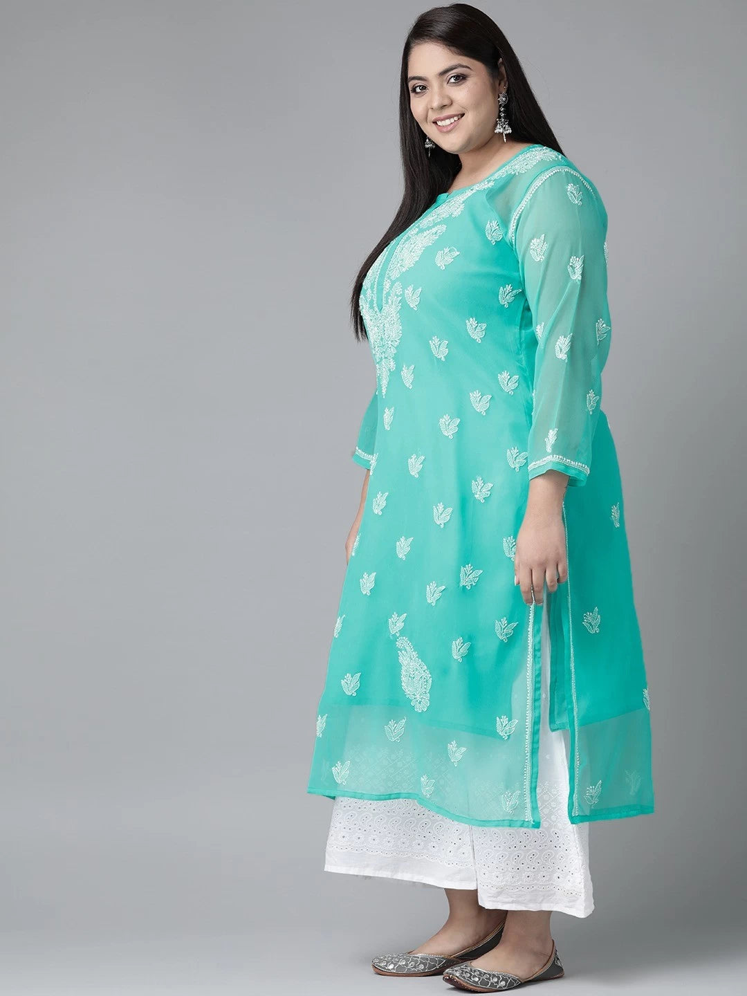 Ada Hand Embroidered Sea Green Georgette Lucknowi Chikankari Straight Kurta With Slip A411157
