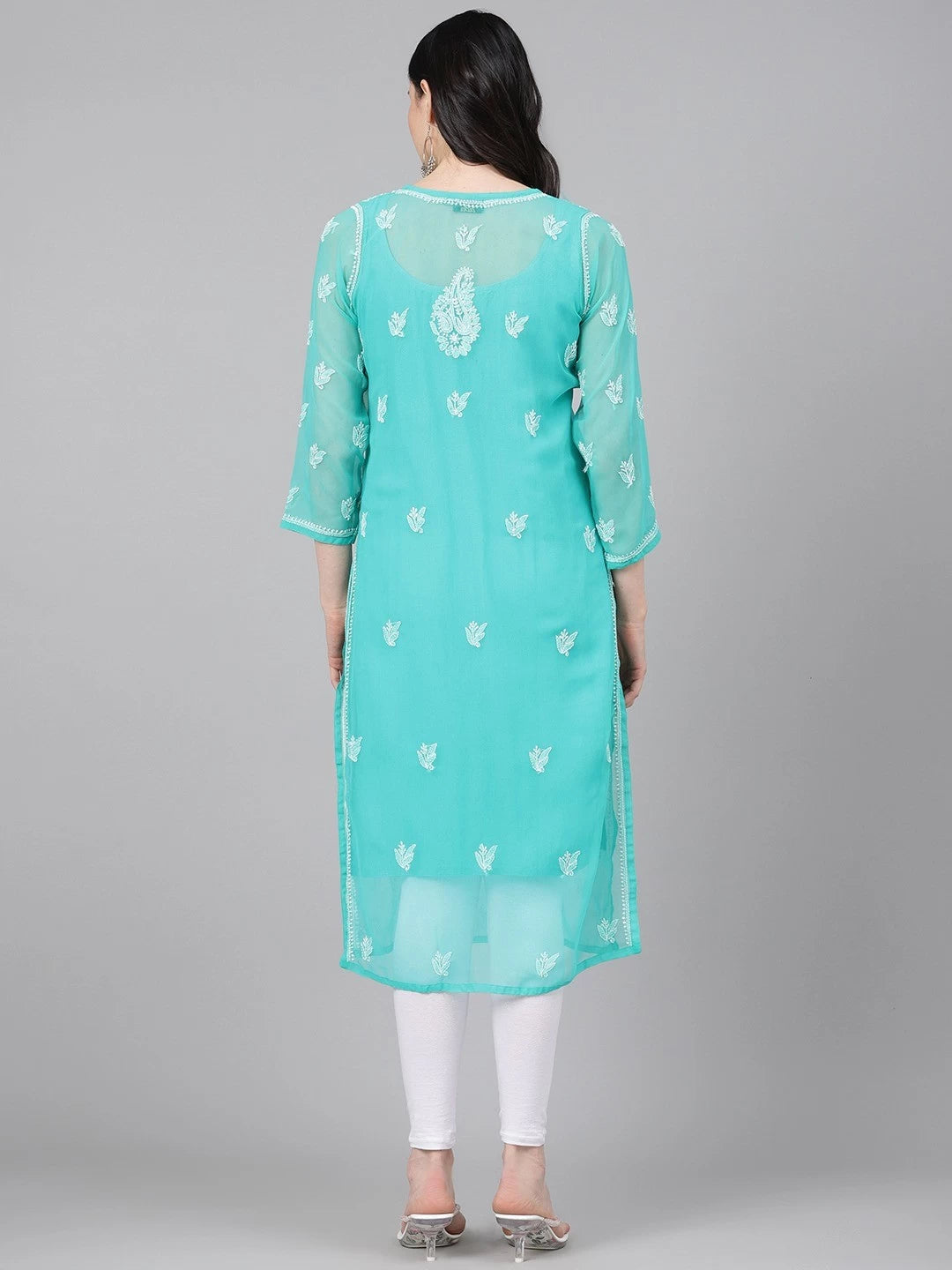 Ada Hand Embroidered Sea Green Georgette Lucknowi Chikankari Straight Kurta With Slip A411157