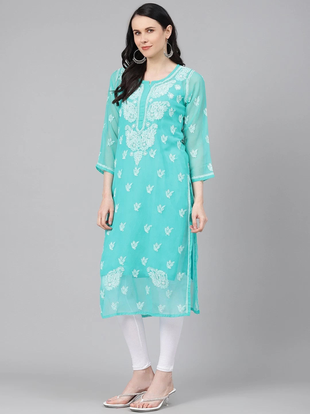 Ada Hand Embroidered Sea Green Georgette Lucknowi Chikankari Straight Kurta With Slip A411157