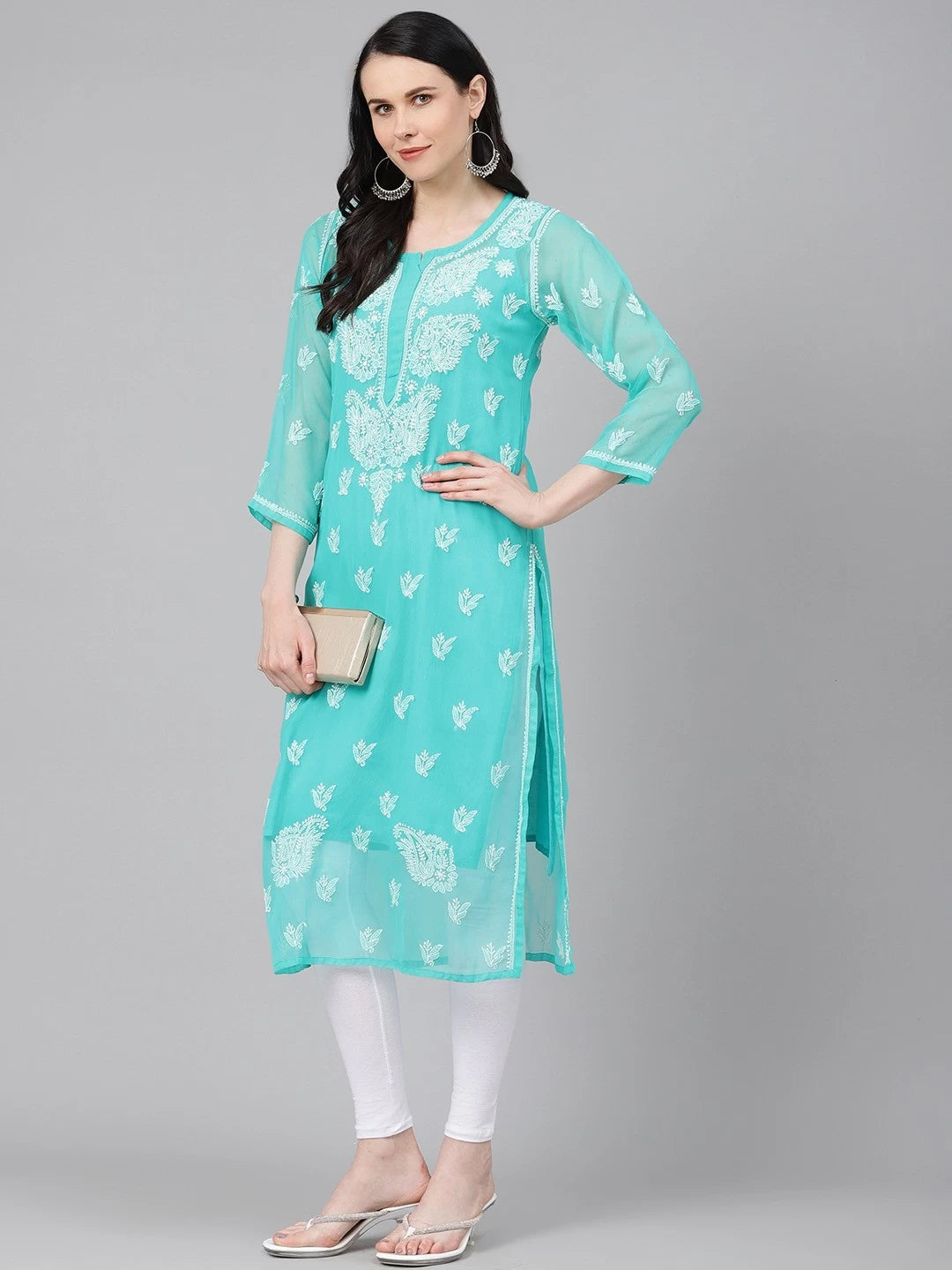 Ada Hand Embroidered Sea Green Georgette Lucknowi Chikankari Straight Kurta With Slip A411157