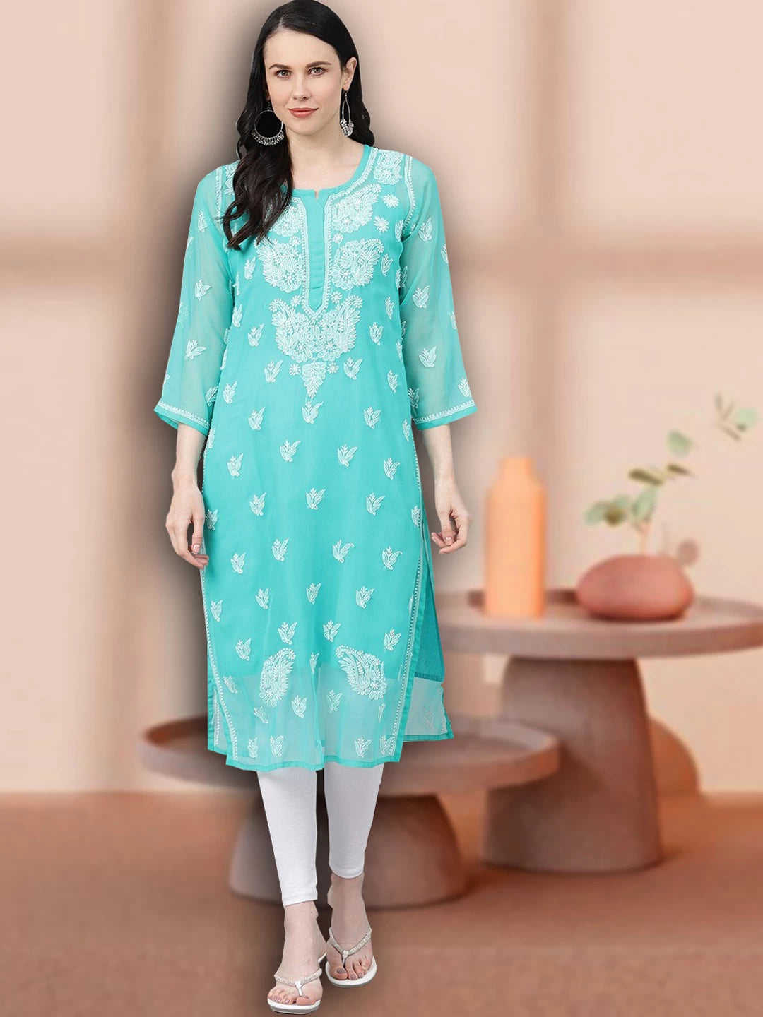 Ada Hand Embroidered Sea Green Georgette Lucknowi Chikankari Straight Kurta With Slip A411157