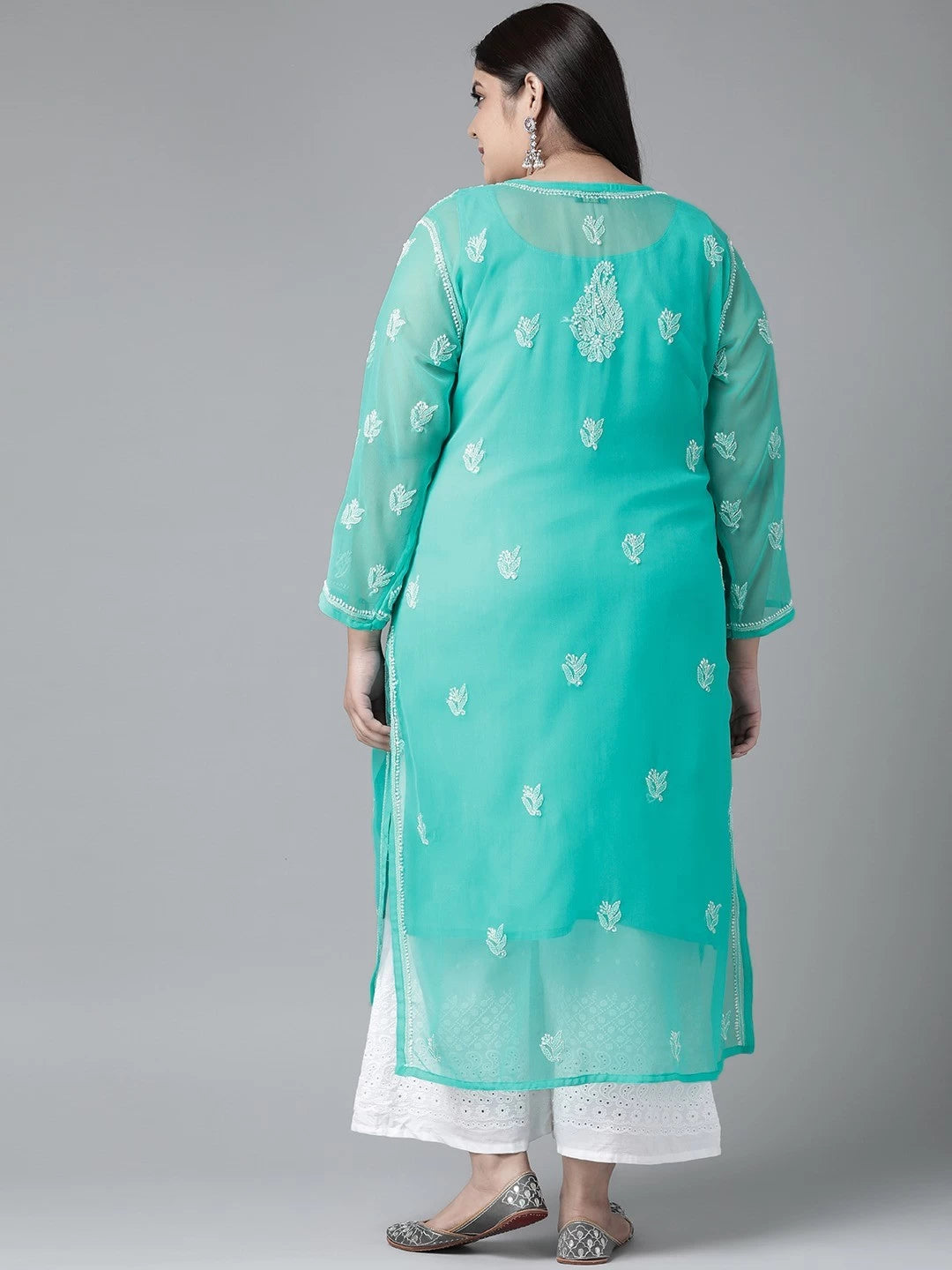 Ada Hand Embroidered Sea Green Georgette Lucknowi Chikankari Straight Kurta With Slip A411157