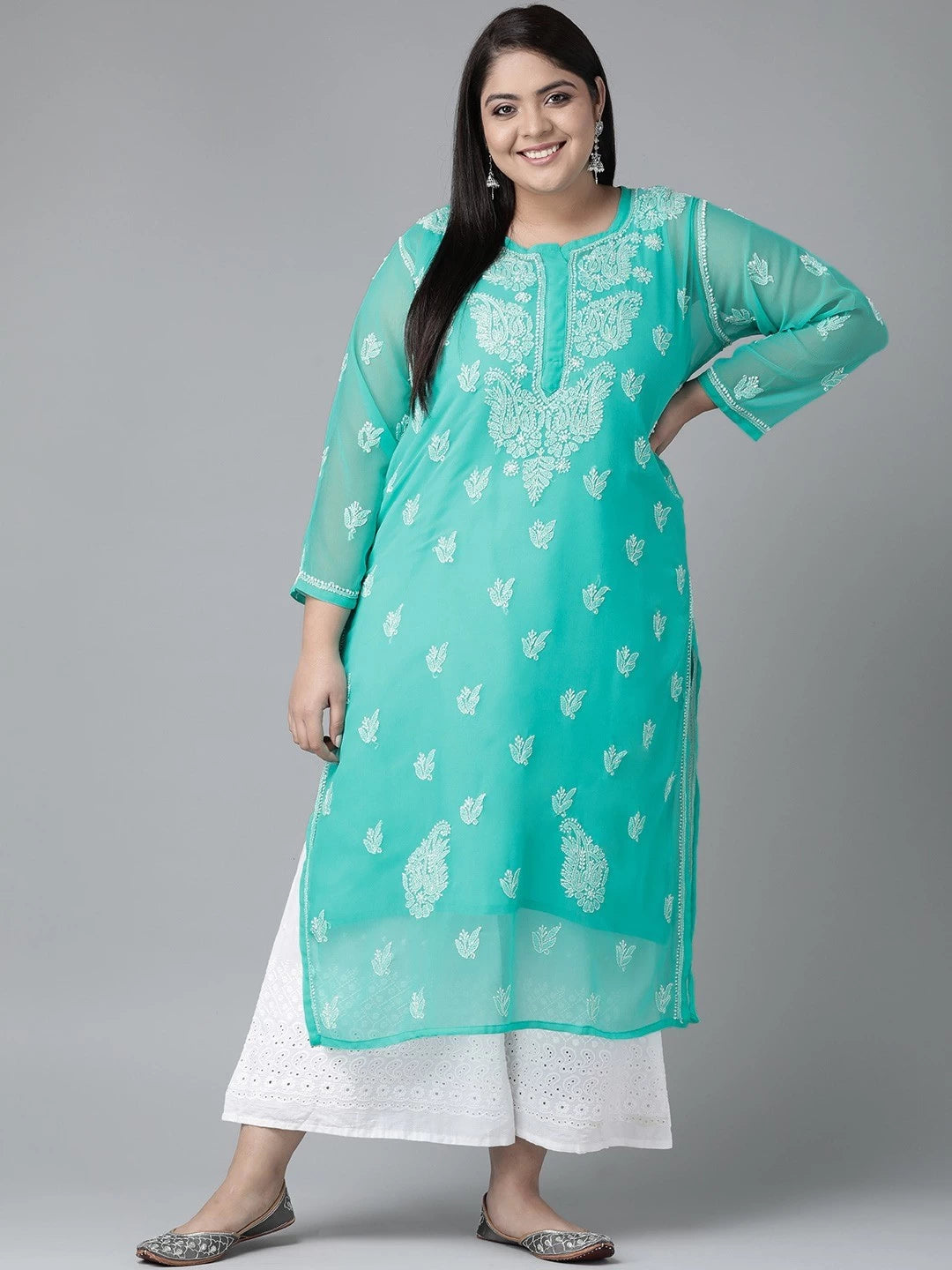 Ada Hand Embroidered Sea Green Georgette Lucknowi Chikankari Straight Kurta With Slip A411157