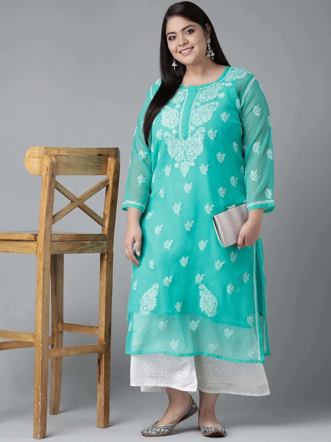 Ada Hand Embroidered Sea Green Georgette Lucknowi Chikankari Straight Kurta With Slip A411157