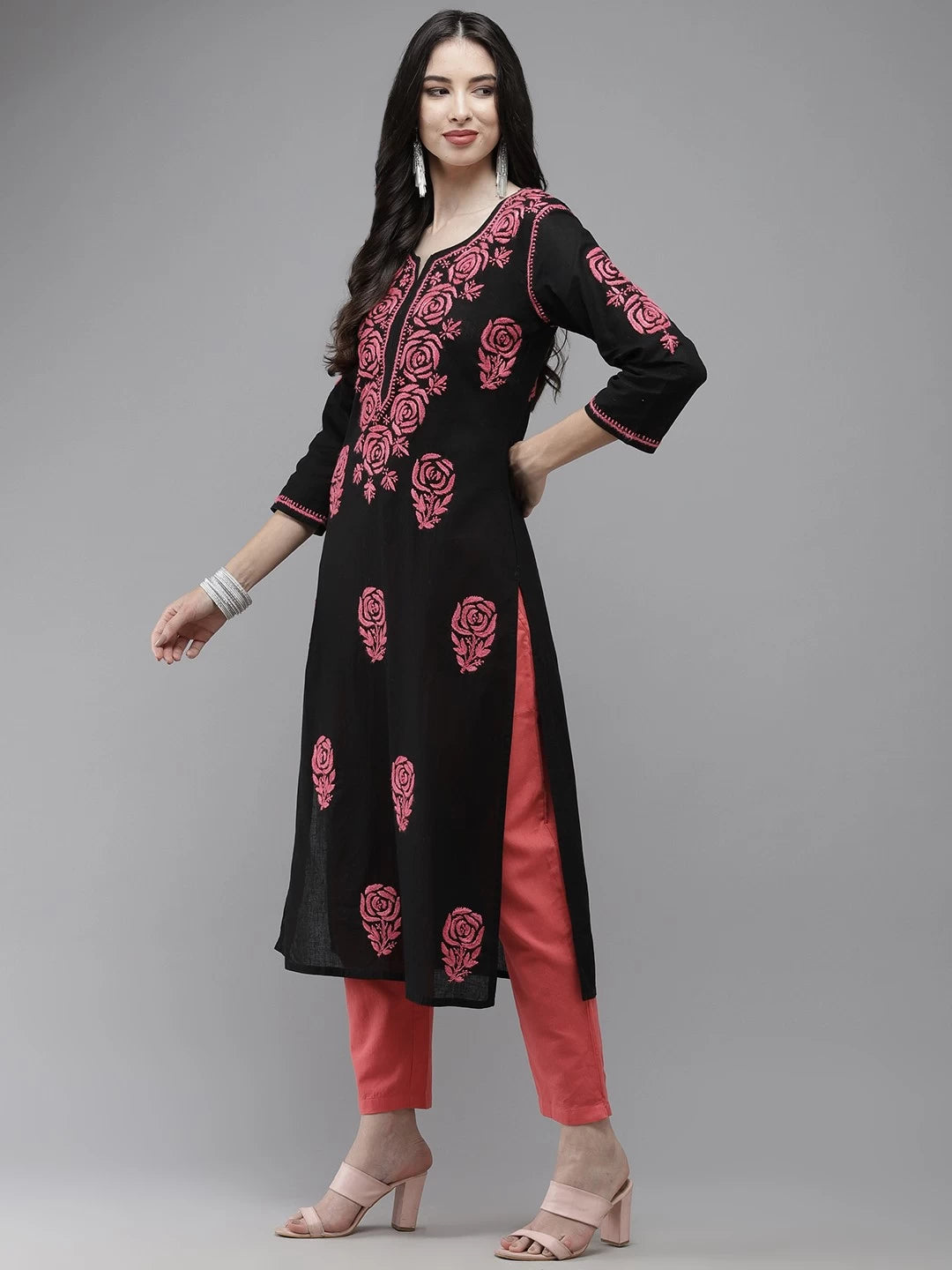 Ada Hand Embroidered Black Cotton Lucknow Chikankari Straight Kurta A411281