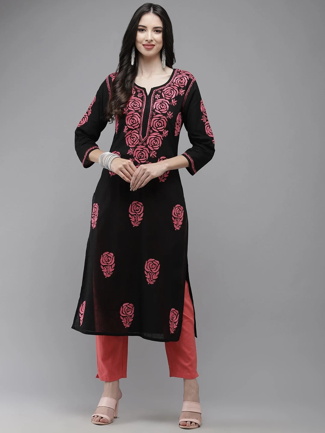 Ada Hand Embroidered Black Cotton Lucknow Chikankari Straight Kurta A411281