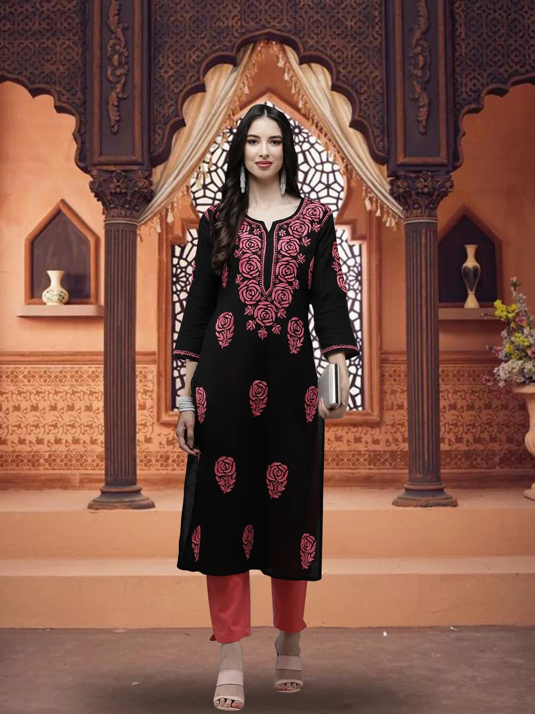 Ada Hand Embroidered Black Cotton Lucknow Chikankari Straight Kurta A411281