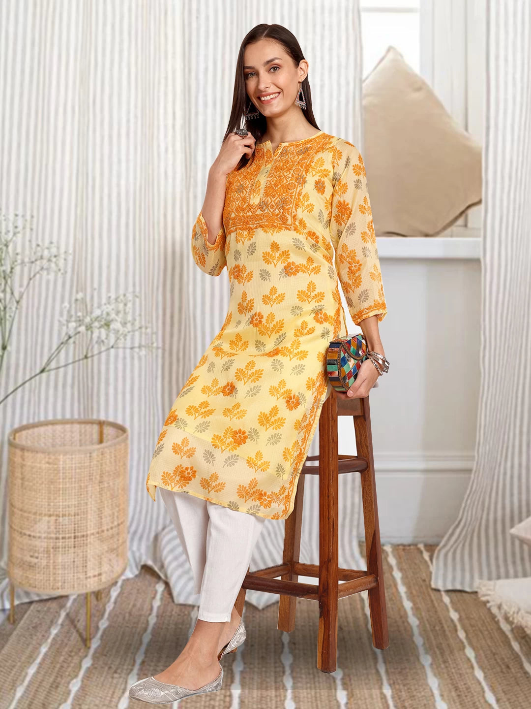 Ada Hand Embroidered Lemon Kota Lucknowi Chikankari  Straight Kurta A100583