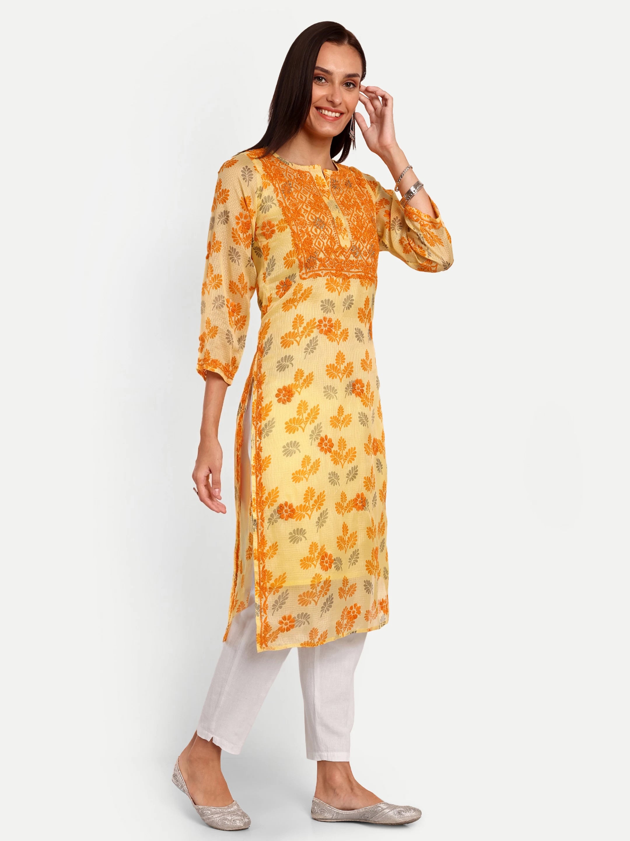 Ada Hand Embroidered Lemon Kota Lucknowi Chikankari  Straight Kurta A100583
