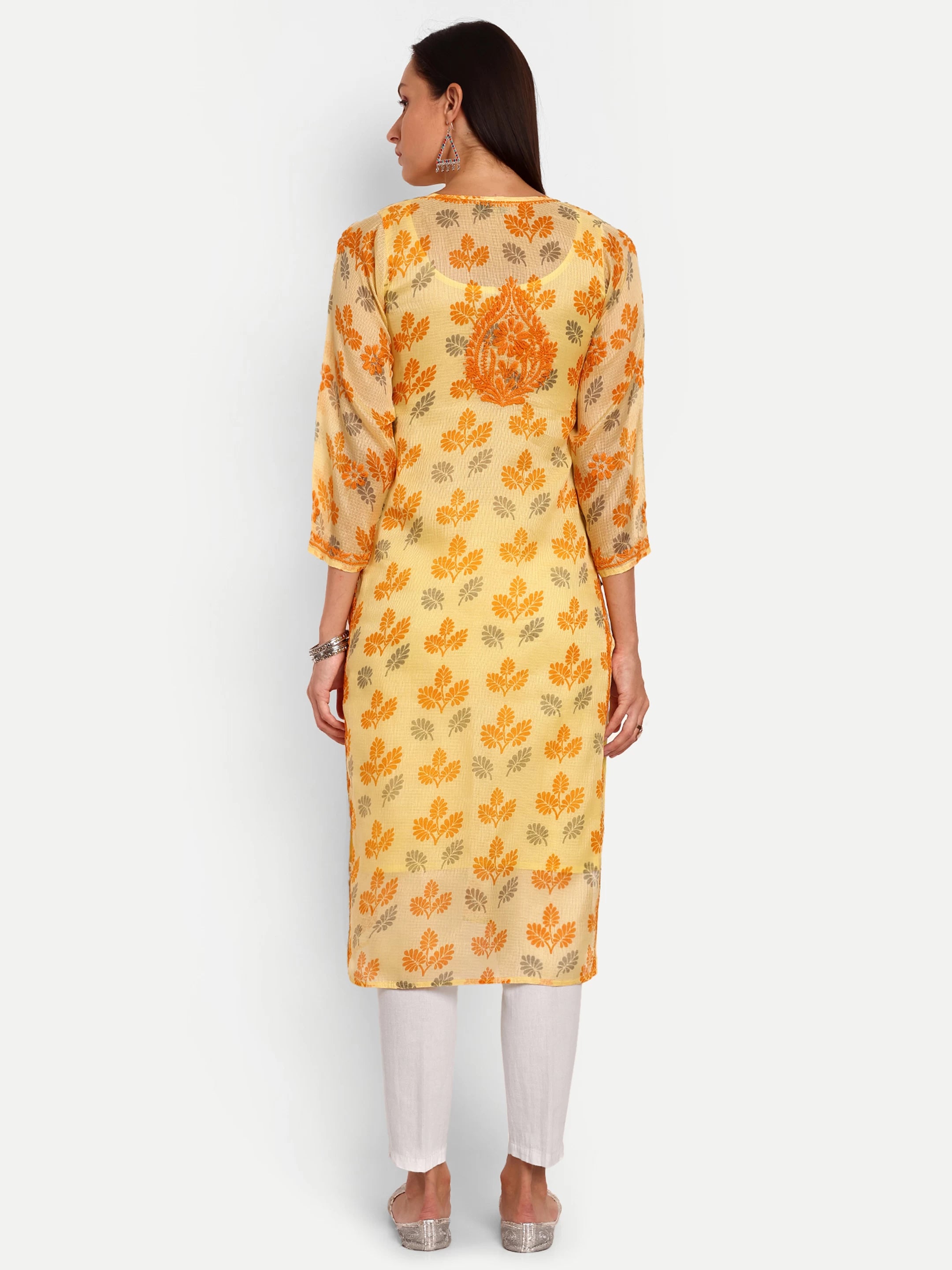 Ada Hand Embroidered Lemon Kota Lucknowi Chikankari  Straight Kurta A100583