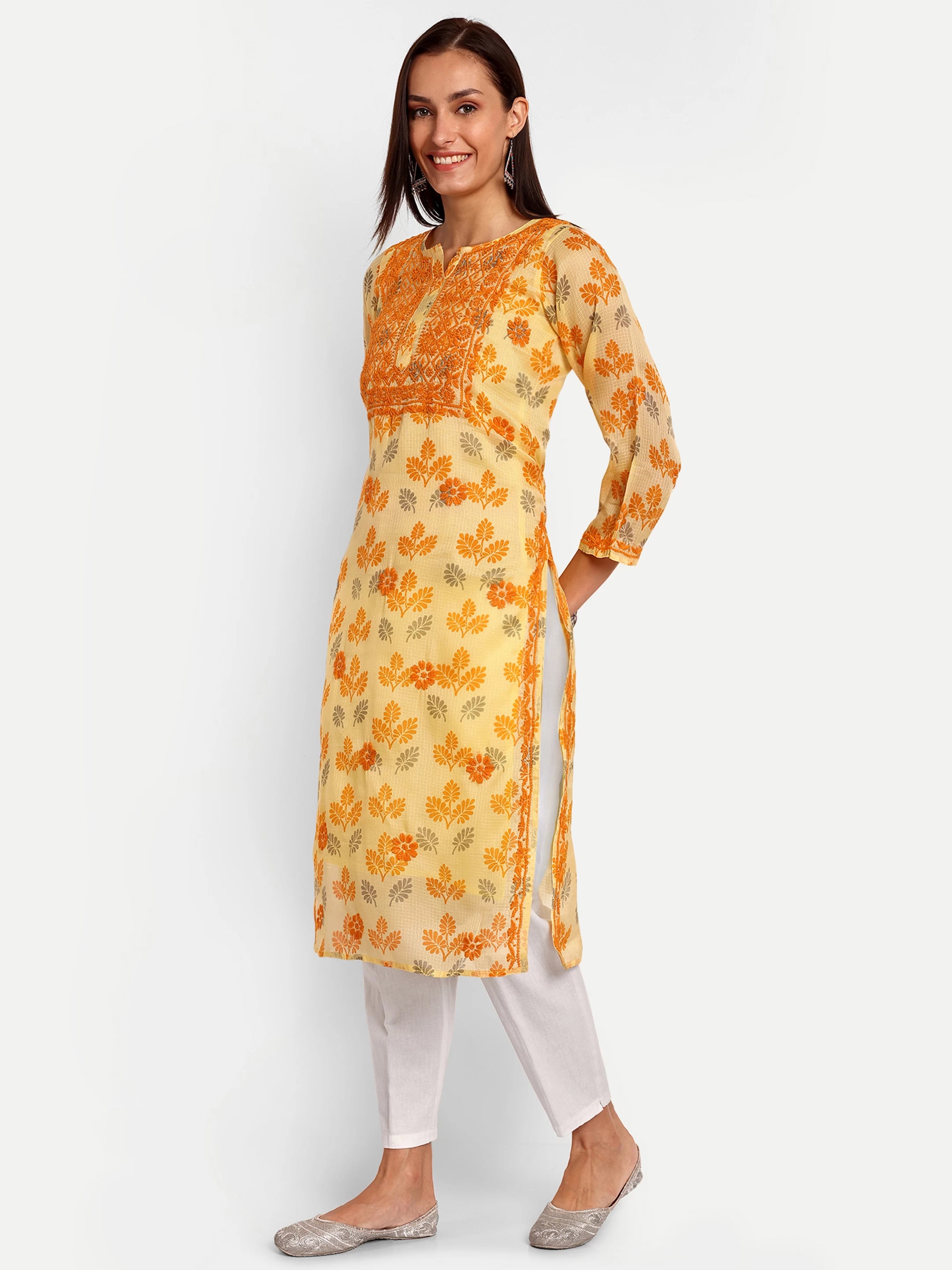Ada Hand Embroidered Lemon Kota Lucknowi Chikankari  Straight Kurta A100583