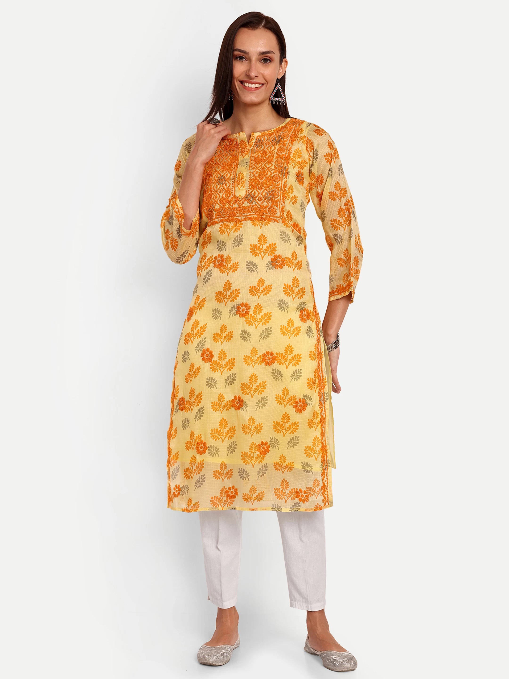 Ada Hand Embroidered Lemon Kota Lucknowi Chikankari  Straight Kurta A100583