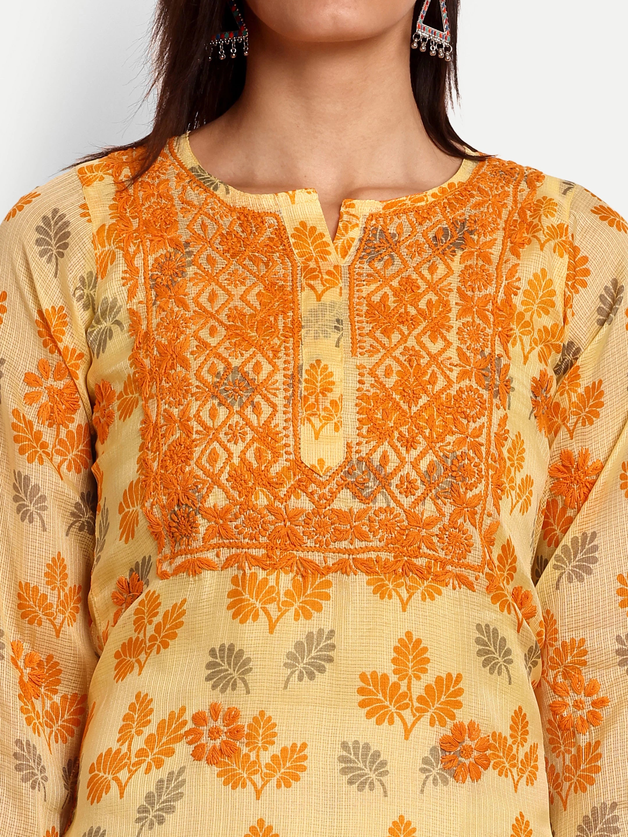 Ada Hand Embroidered Lemon Kota Lucknowi Chikankari  Straight Kurta A100583