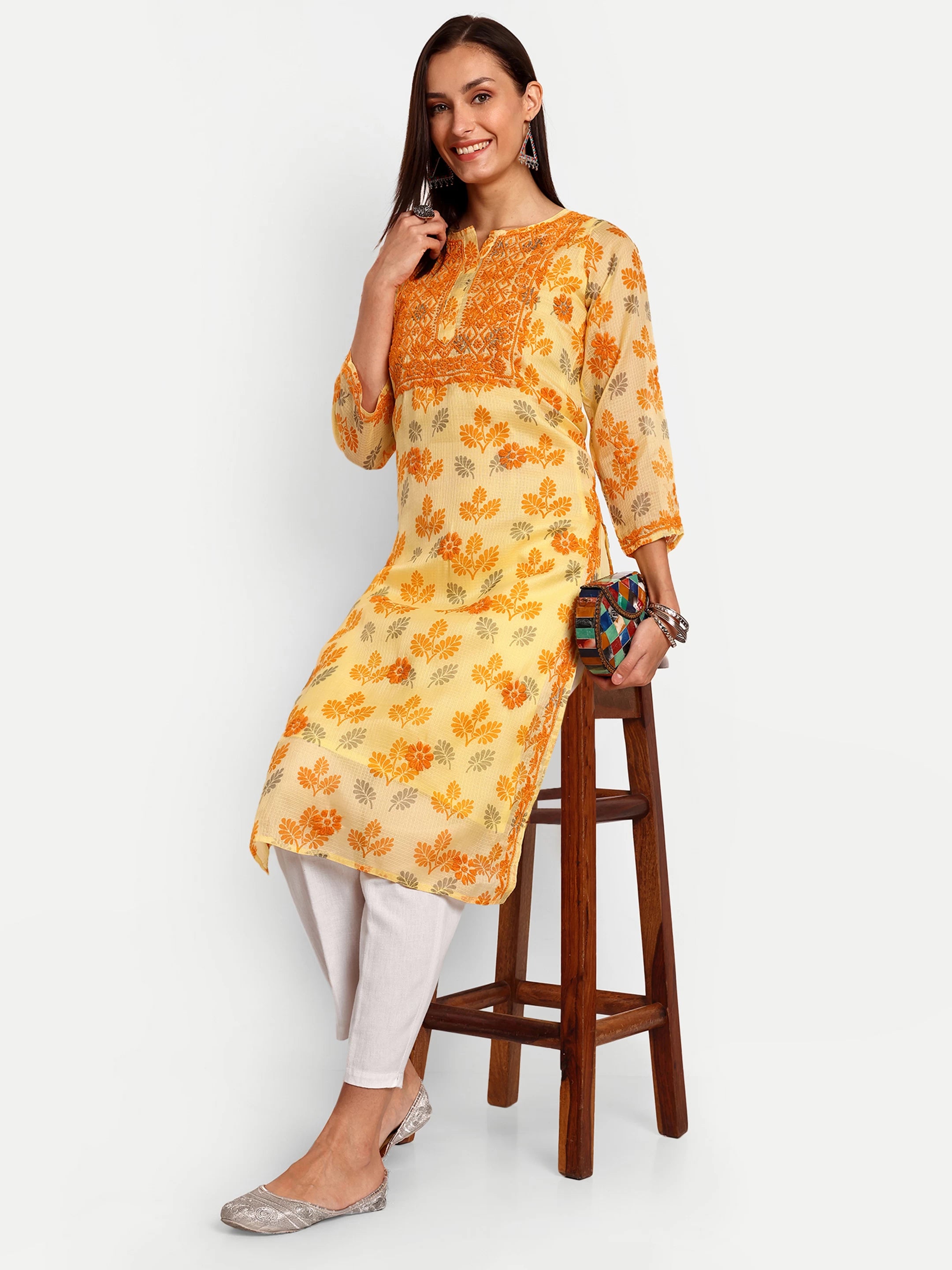 Ada Hand Embroidered Lemon Kota Lucknowi Chikankari  Straight Kurta A100583