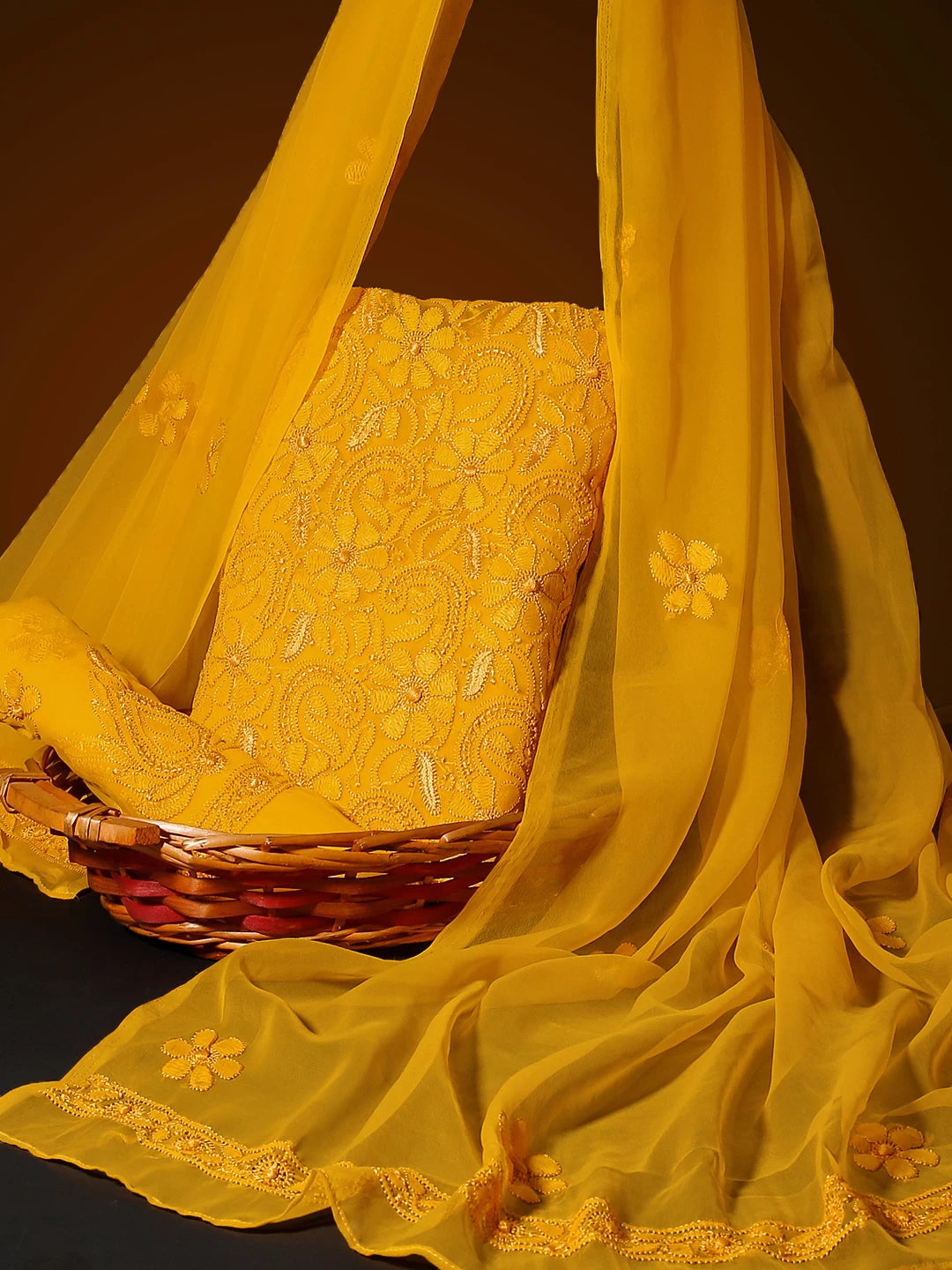 Ada Hand Embroidered Mustard Georgette Lucknowi Chikankari Unstitched Suit Piece 01A109331