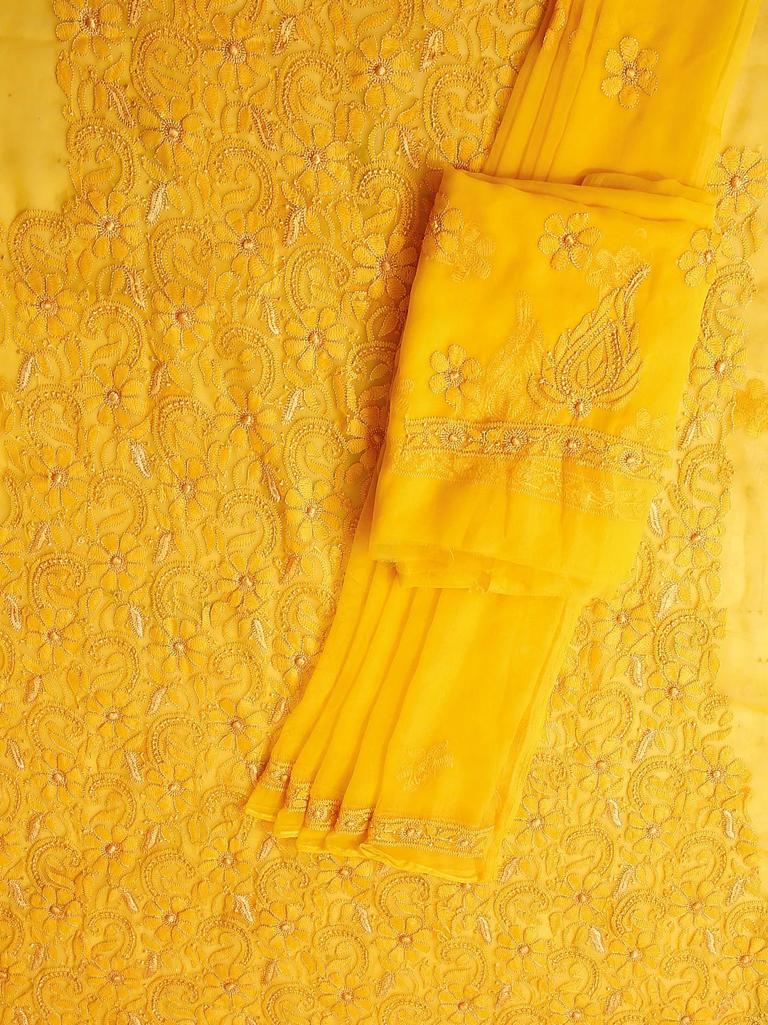 Ada Hand Embroidered Mustard Georgette Lucknowi Chikankari Unstitched Suit Piece 01A109331