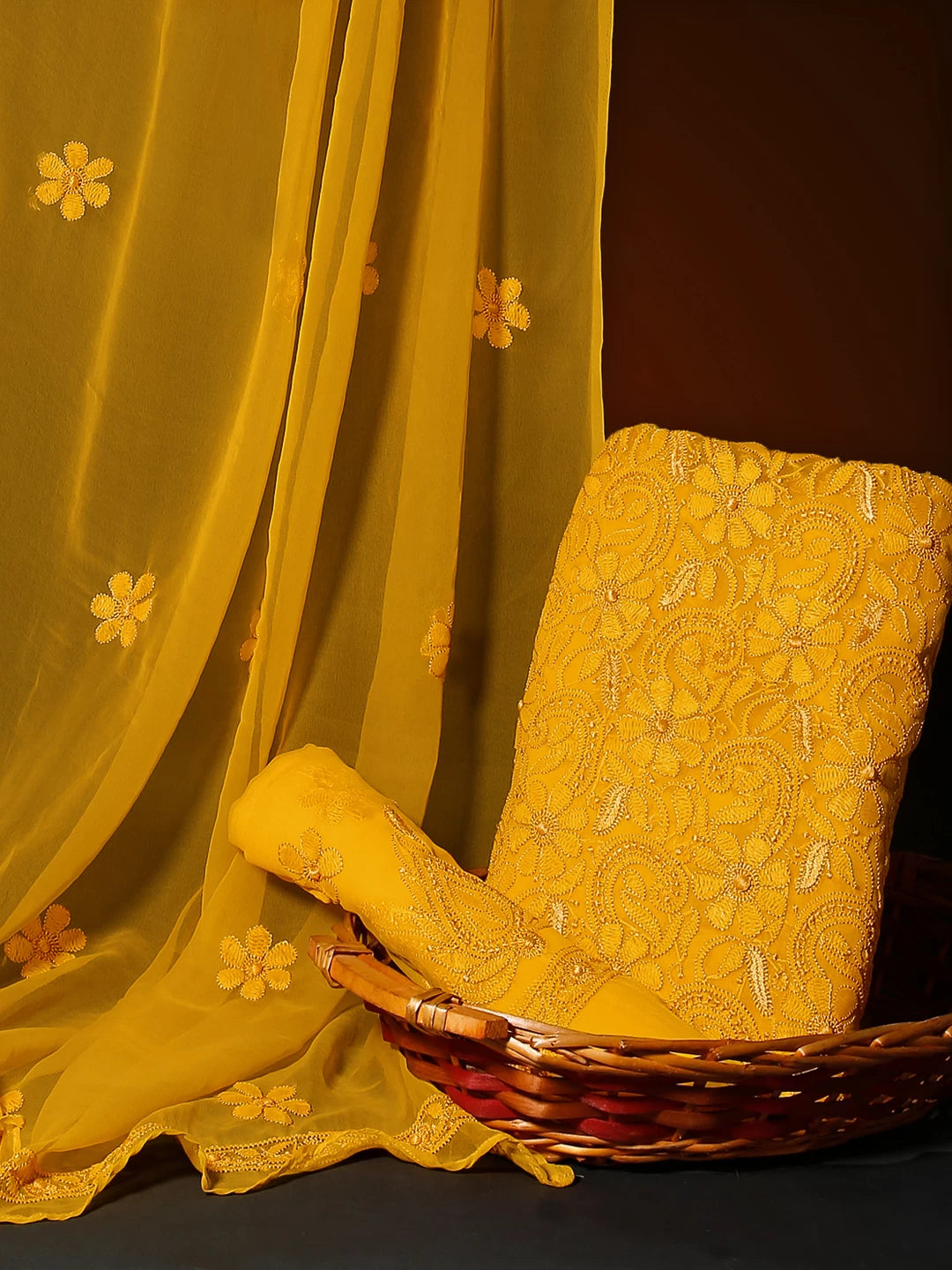 Ada Hand Embroidered Mustard Georgette Lucknowi Chikankari Unstitched Suit Piece 01A109331