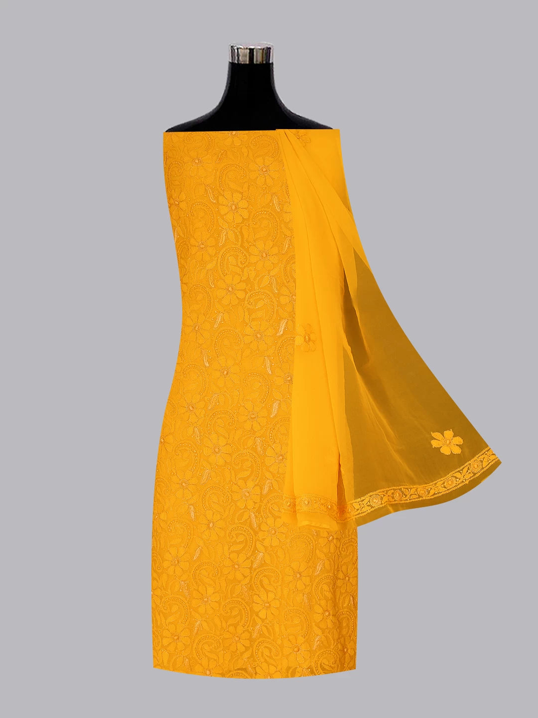 Ada Hand Embroidered Mustard Georgette Lucknowi Chikankari Unstitched Suit Piece 01A109331