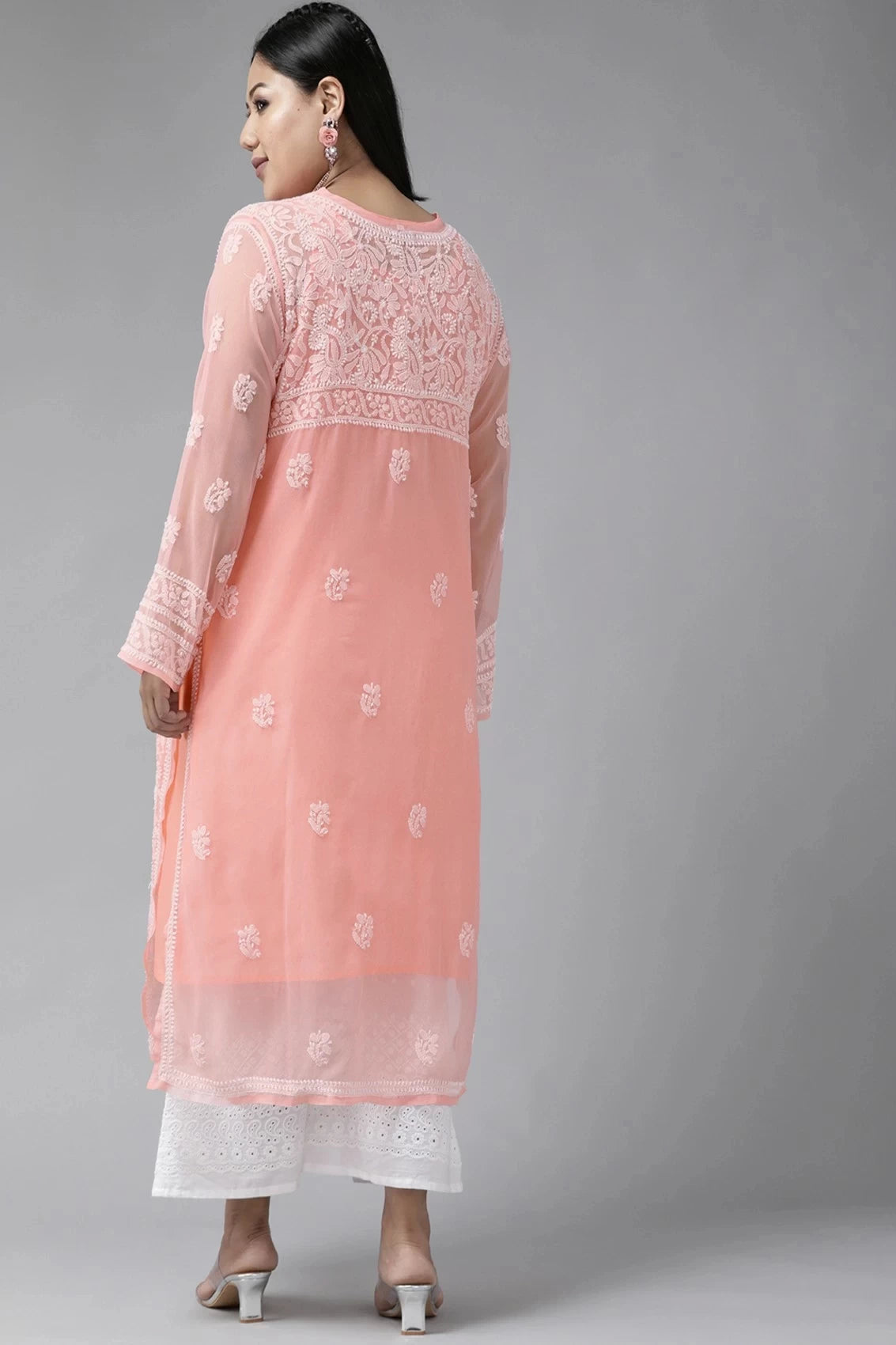 Ada Hand Embroidered Peach Georgette Lucknowi Chikankari Straight Kurta With Slip A114344