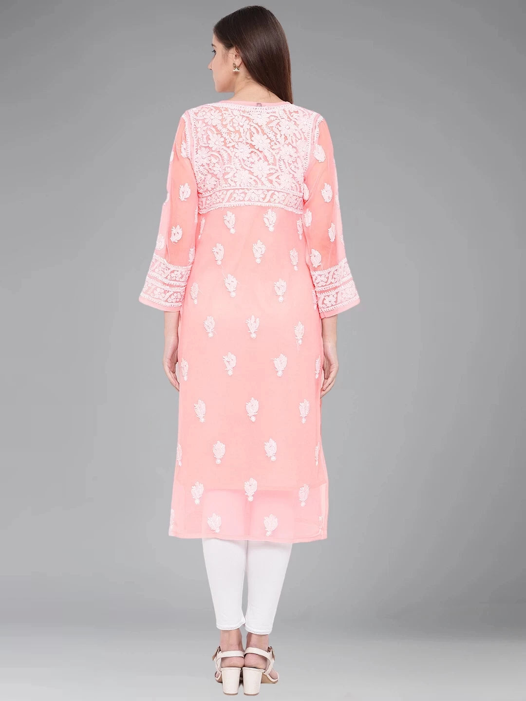 Ada Hand Embroidered Peach Georgette Lucknowi Chikankari Straight Kurta With Slip A114344