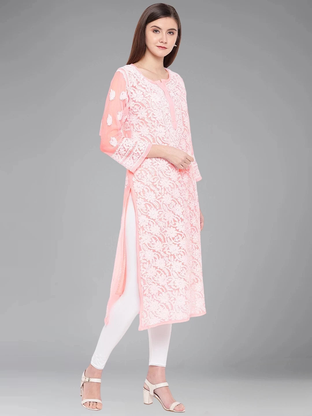 Ada Hand Embroidered Peach Georgette Lucknowi Chikankari Straight Kurta With Slip A114344