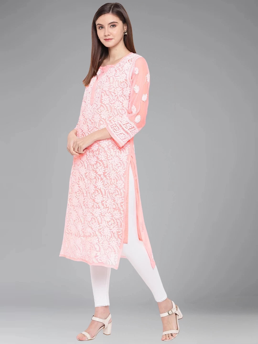 Ada Hand Embroidered Peach Georgette Lucknowi Chikankari Straight Kurta With Slip A114344