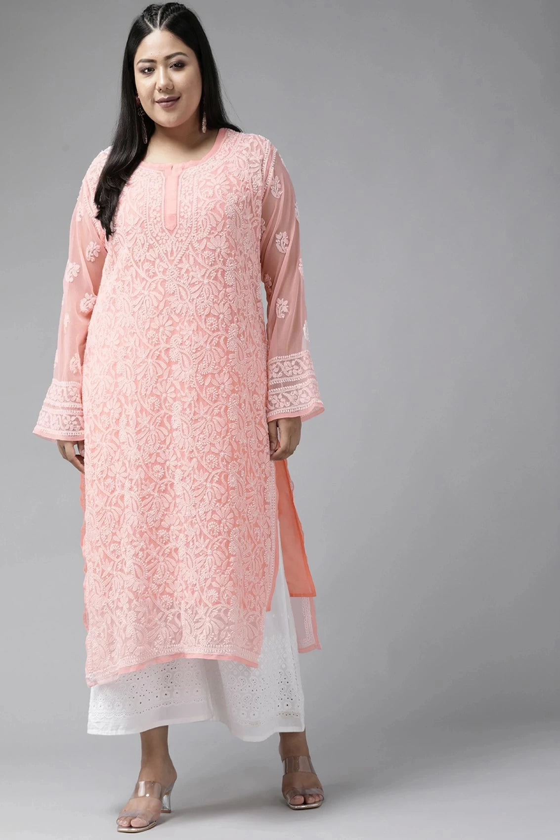 Ada Hand Embroidered Peach Georgette Lucknowi Chikankari Straight Kurta With Slip A114344