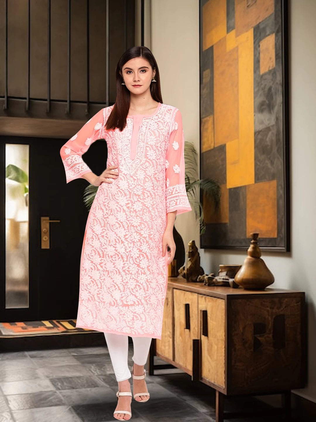 Ada Hand Embroidered Peach Georgette Lucknowi Chikankari Straight Kurta With Slip A114344