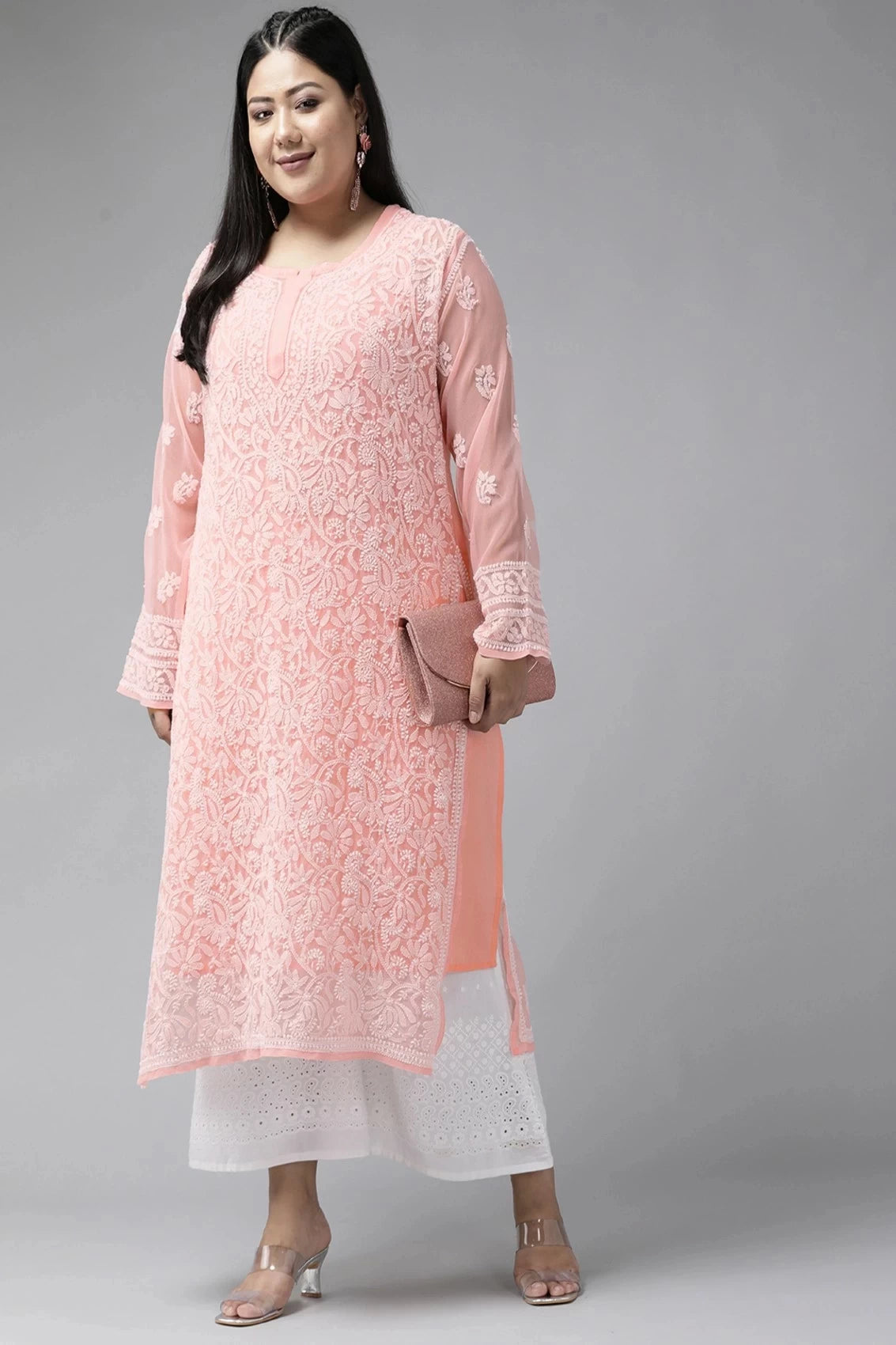 Ada Hand Embroidered Peach Georgette Lucknowi Chikankari Straight Kurta With Slip A114344