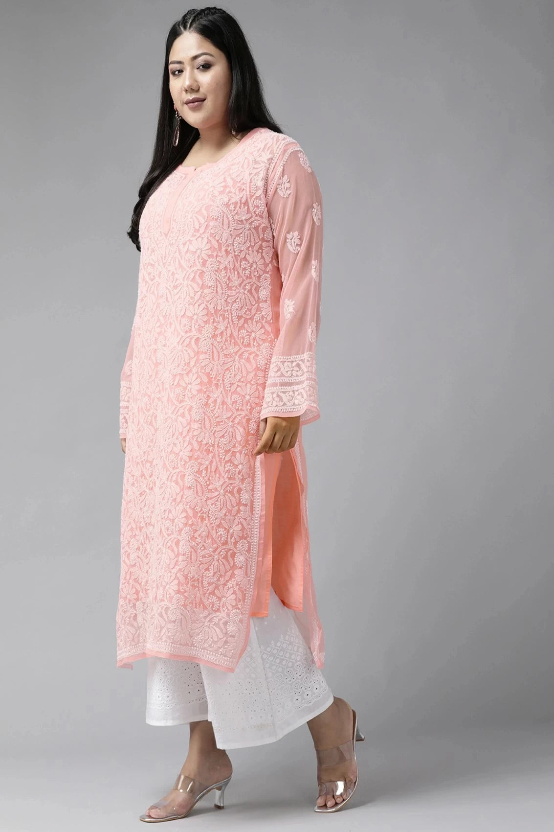 Ada Hand Embroidered Peach Georgette Lucknowi Chikankari Straight Kurta With Slip A114344