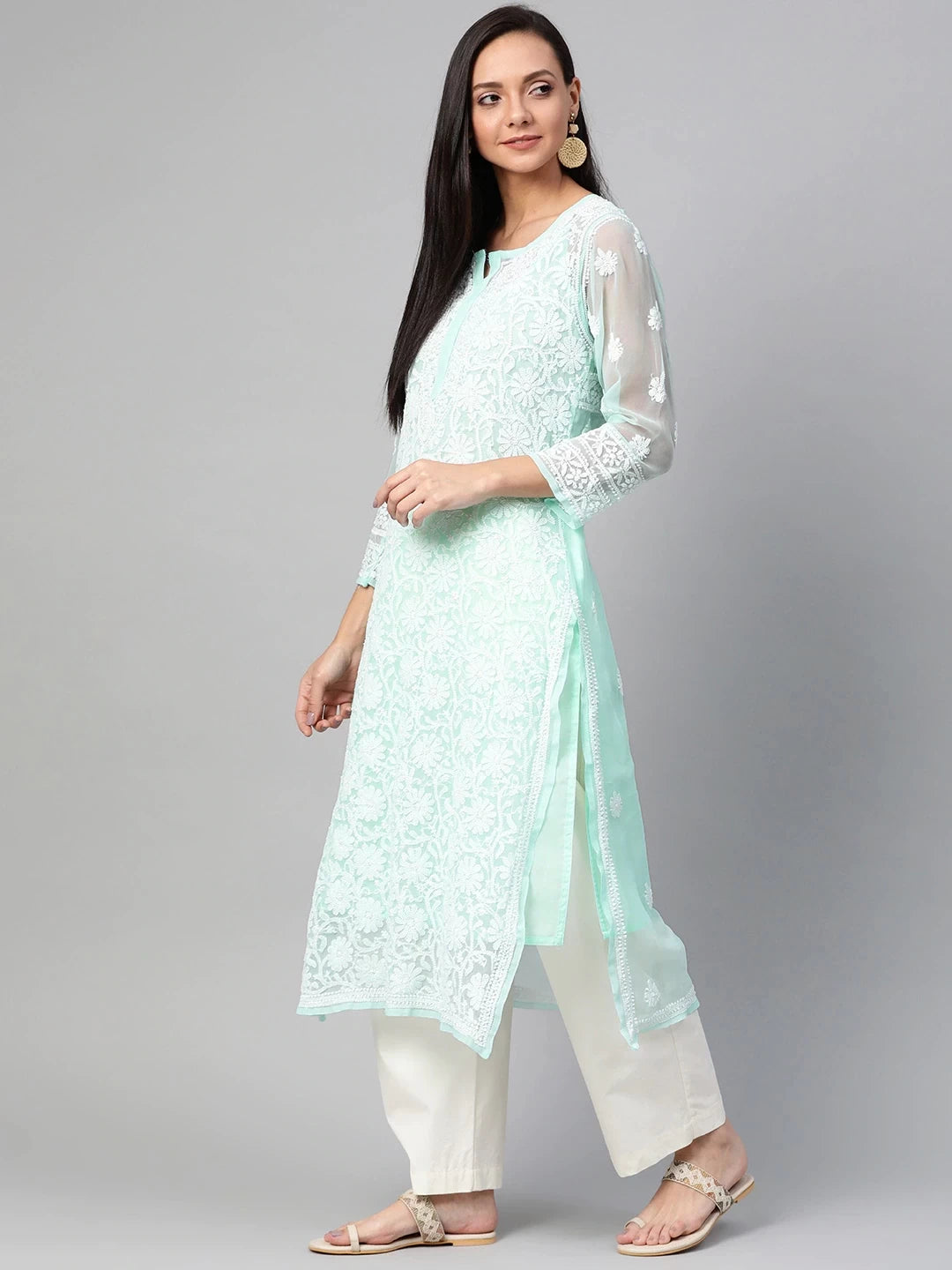 Ada Hand Embroidered Sea Green Georgette Lucknowi Chikankari Straight Kurta with Slip A100475