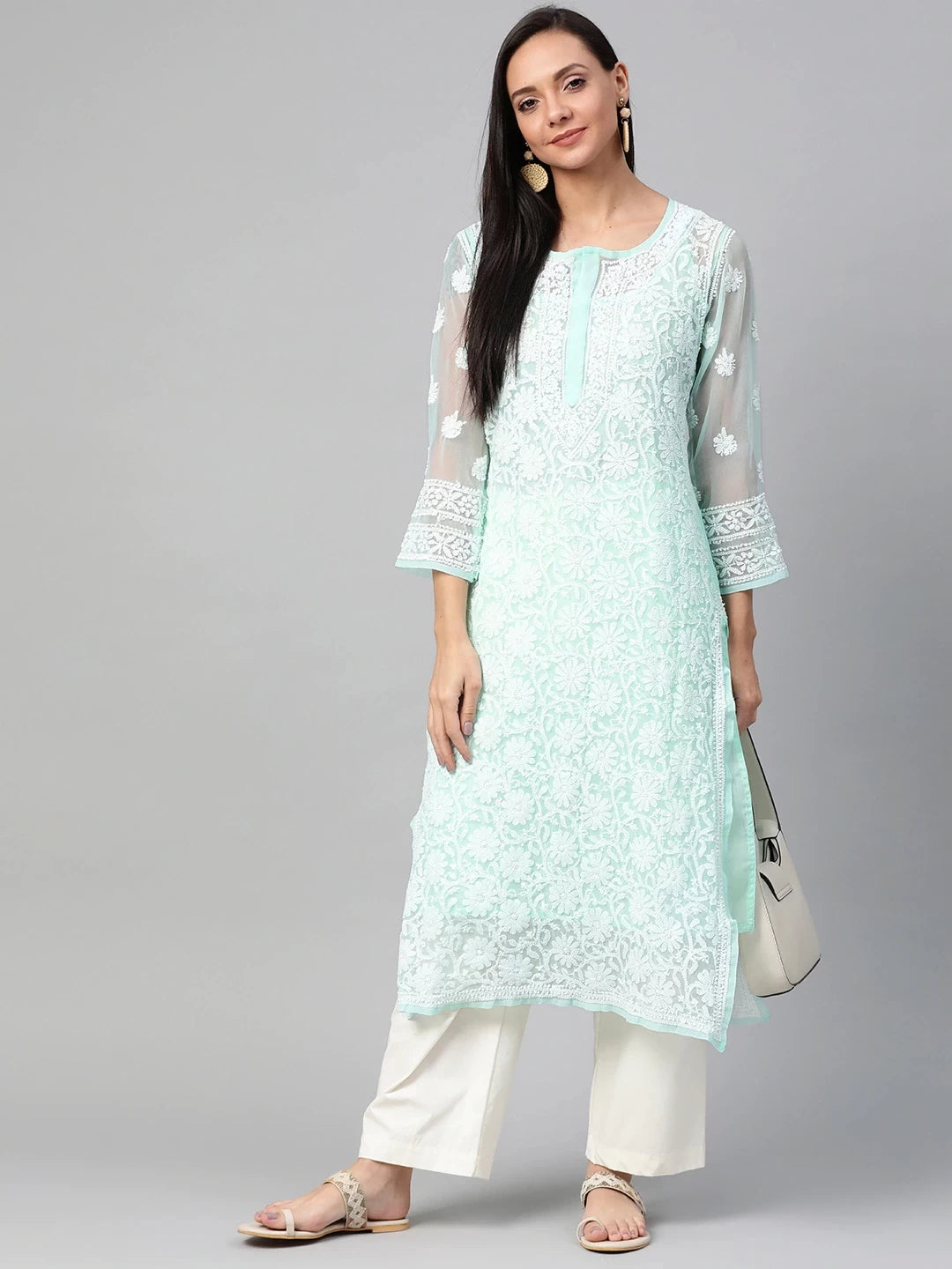 Ada Hand Embroidered Sea Green Georgette Lucknowi Chikankari Straight Kurta with Slip A100475