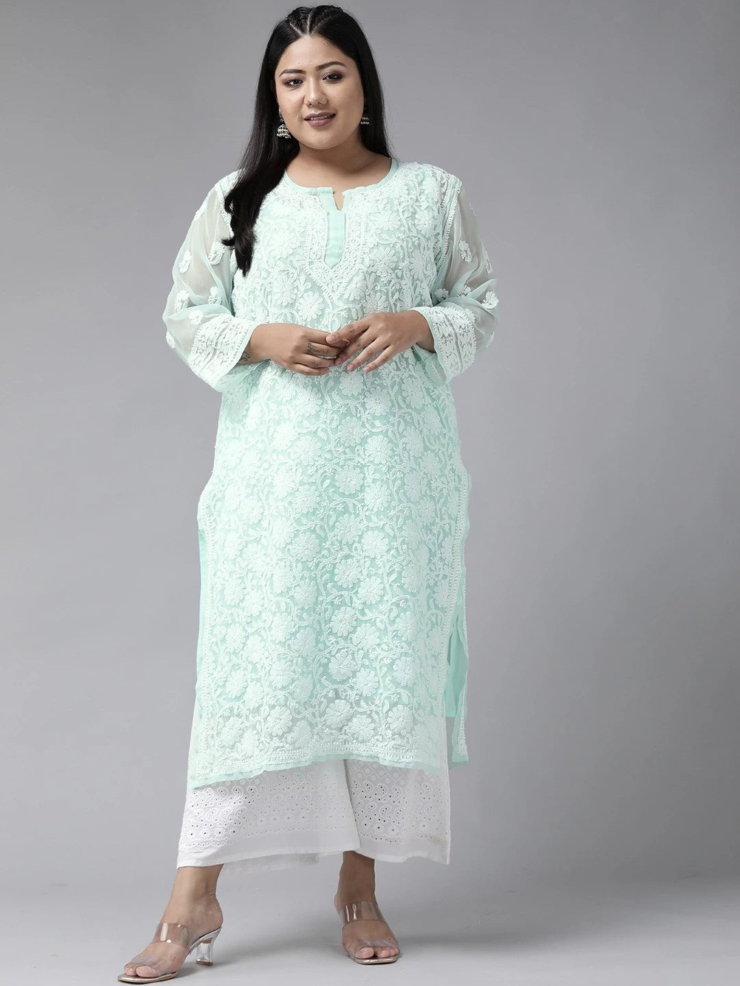 Ada Hand Embroidered Sea Green Georgette Lucknowi Chikankari Straight Kurta with Slip A100475