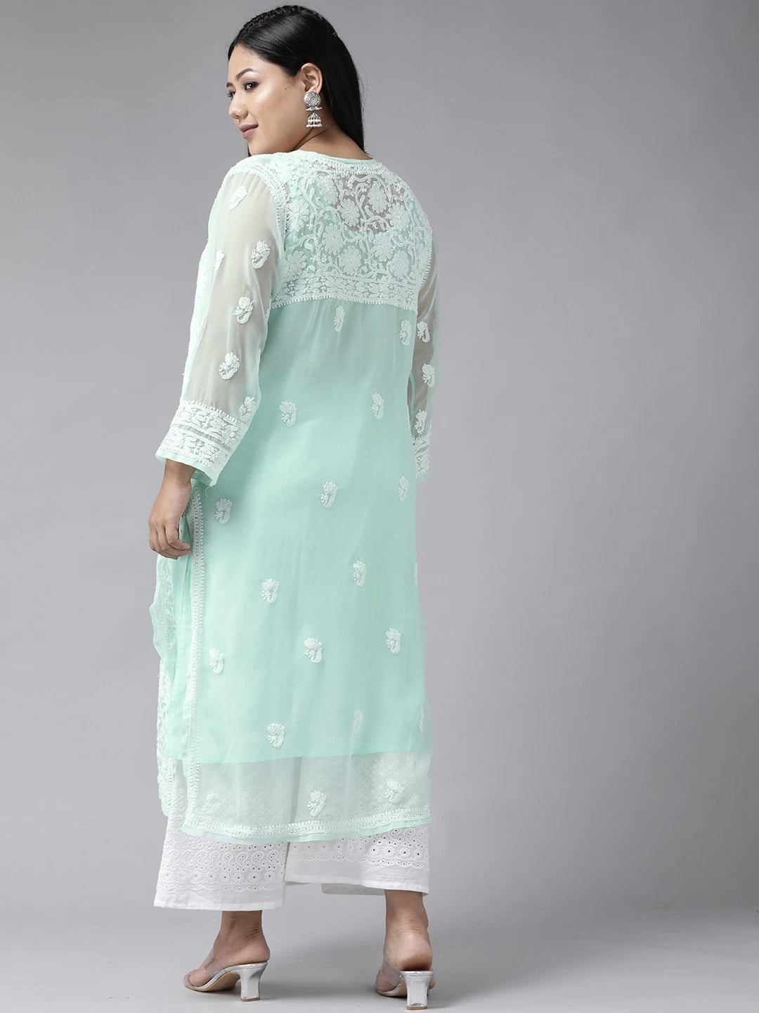 Ada Hand Embroidered Sea Green Georgette Lucknowi Chikankari Straight Kurta with Slip A100475