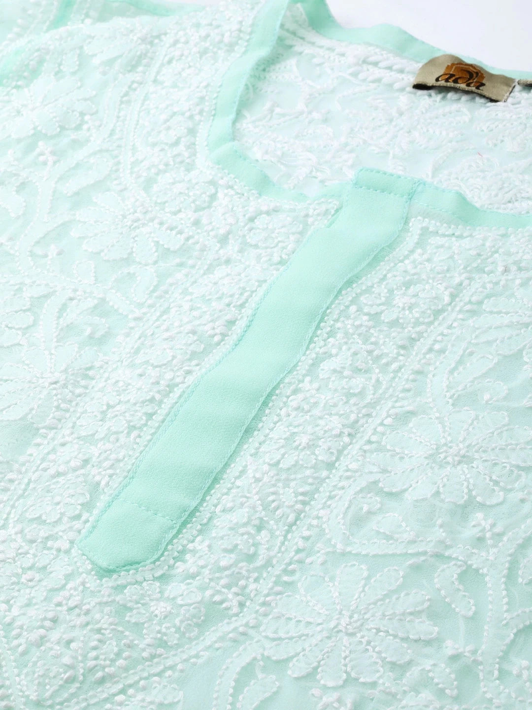 Ada Hand Embroidered Sea Green Georgette Lucknowi Chikankari Straight Kurta with Slip A100475
