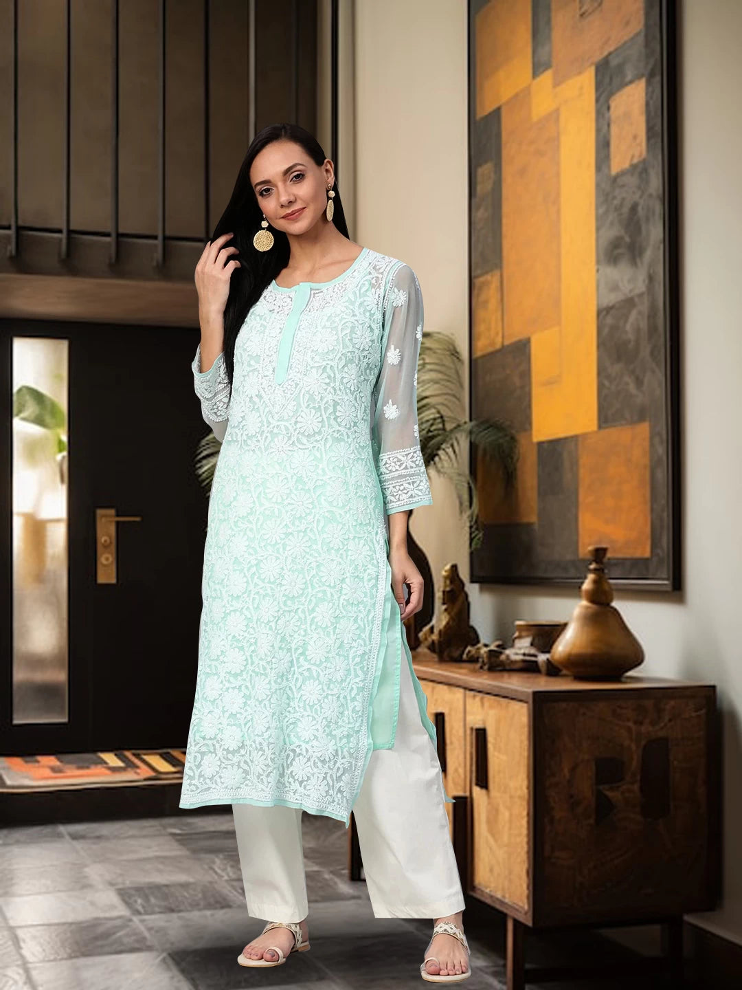 Ada Hand Embroidered Sea Green Georgette Lucknowi Chikankari Straight Kurta with Slip A100475