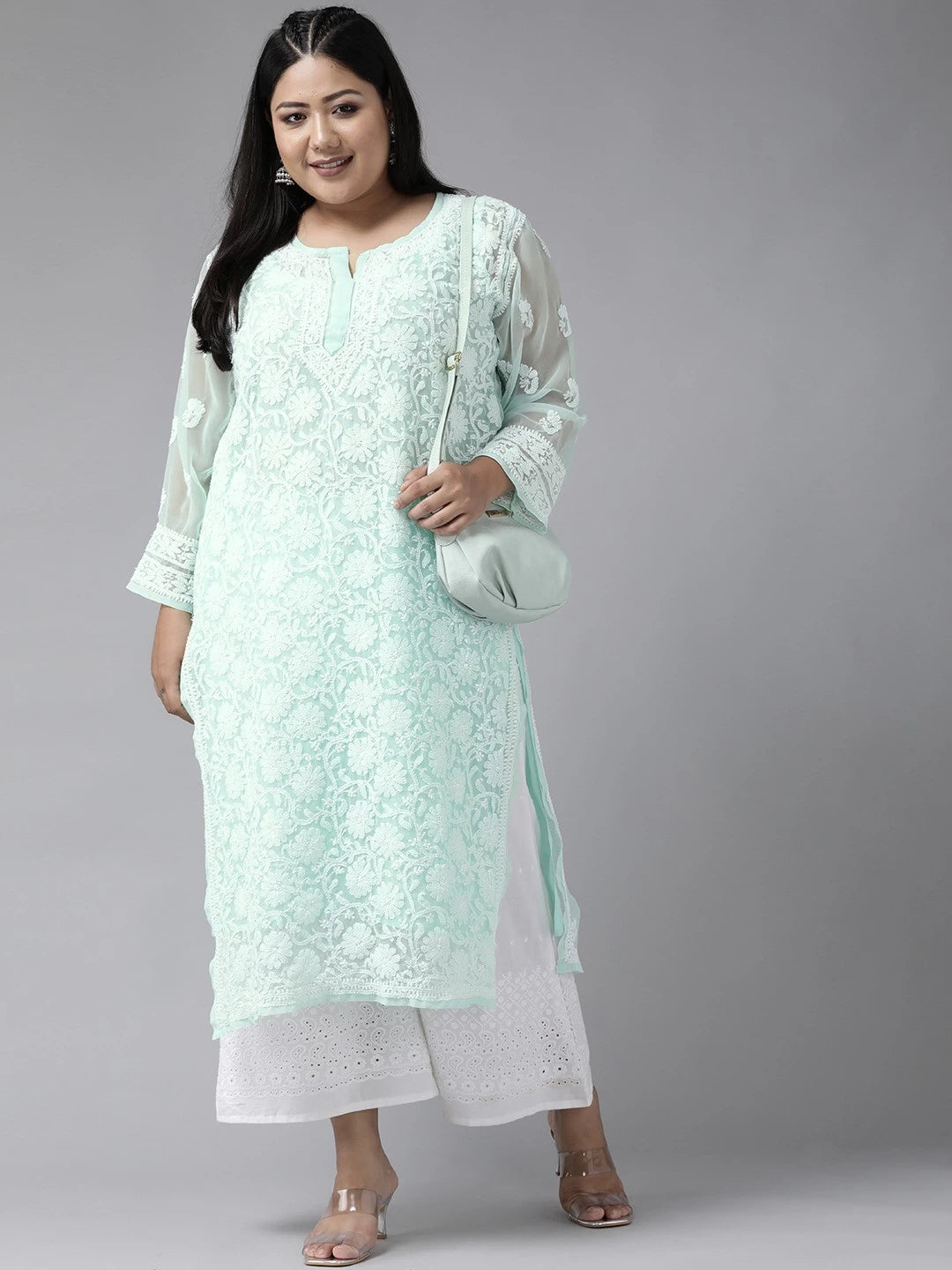 Ada Hand Embroidered Sea Green Georgette Lucknowi Chikankari Straight Kurta with Slip A100475