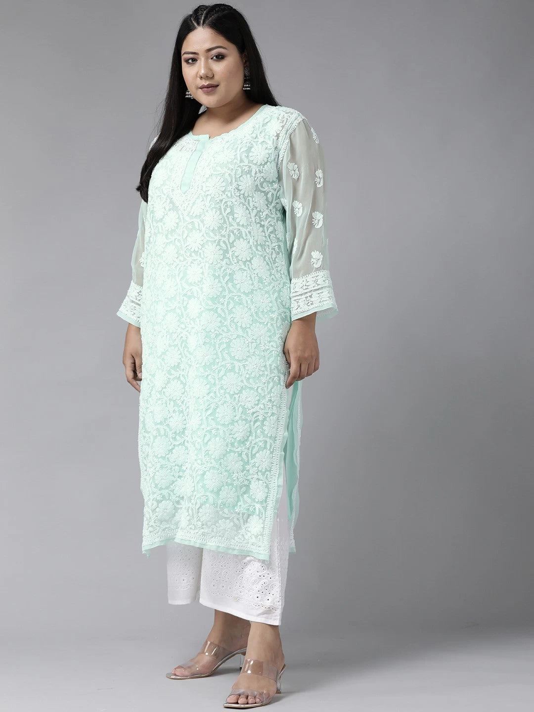 Ada Hand Embroidered Sea Green Georgette Lucknowi Chikankari Straight Kurta with Slip A100475