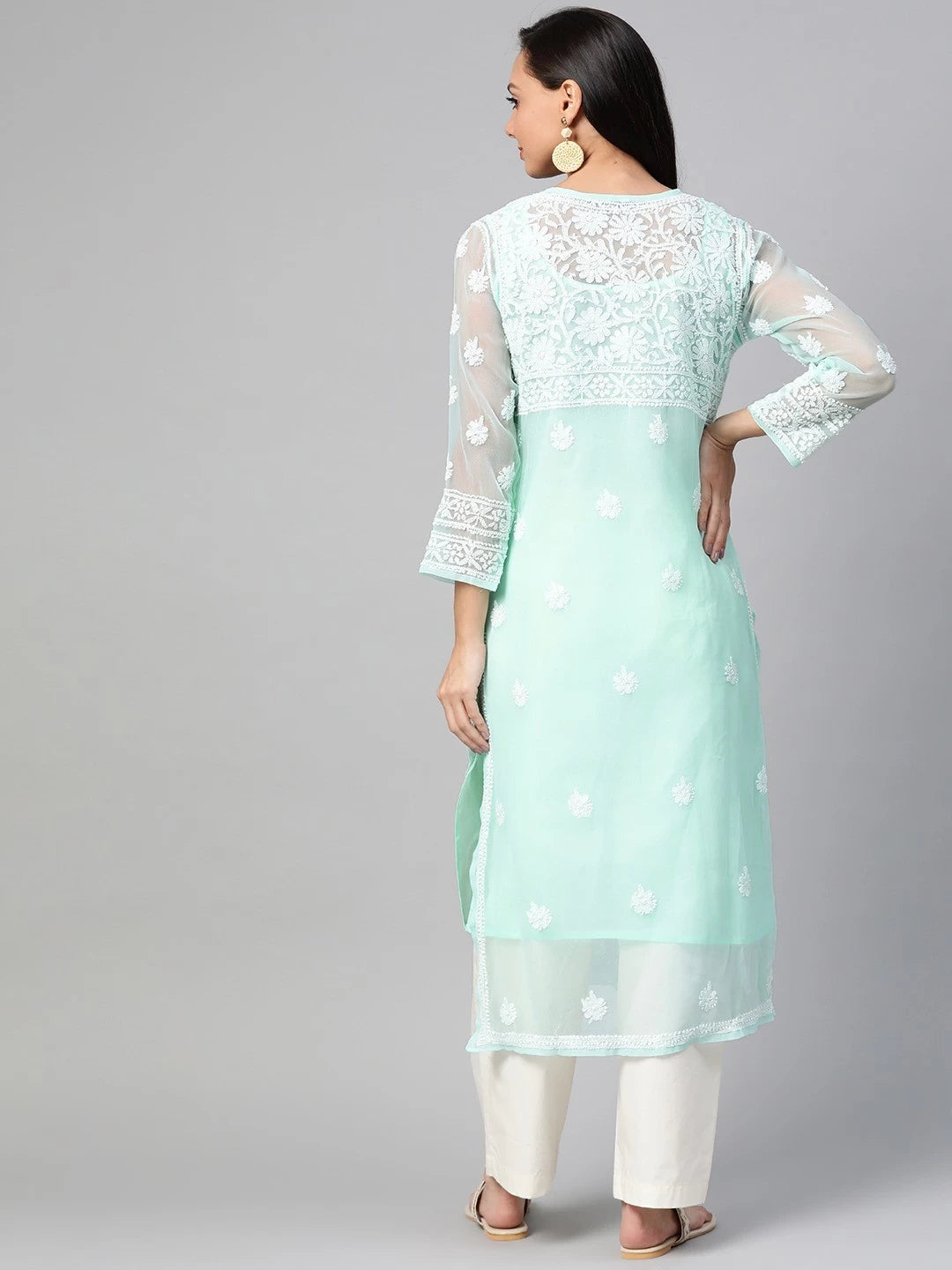 Ada Hand Embroidered Sea Green Georgette Lucknowi Chikankari Straight Kurta with Slip A100475