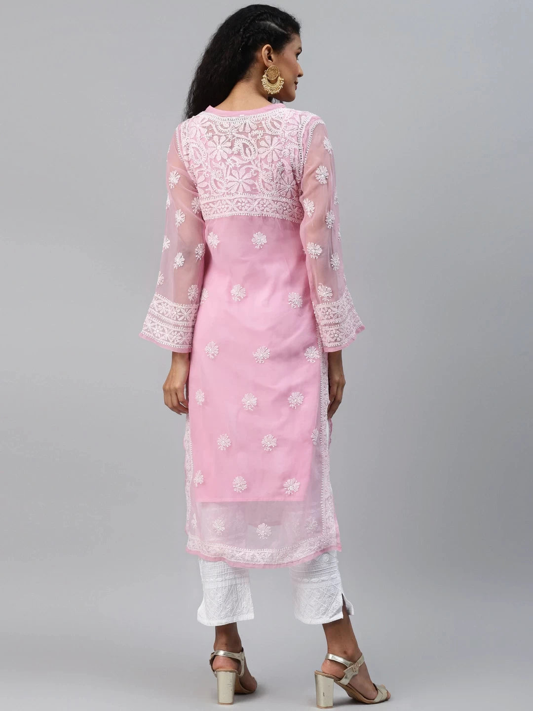 Ada Hand Embroidered Onion Pink Georgette Lucknowi Chikankari Straight Kurta with Slip A186499