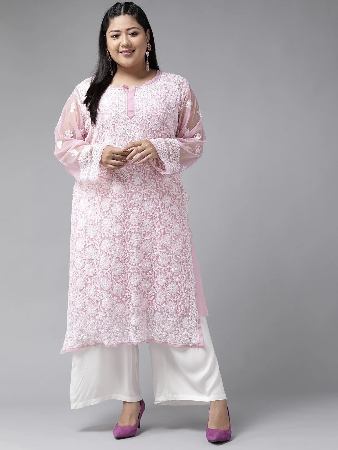 Ada Hand Embroidered Onion Pink Georgette Lucknowi Chikankari Straight Kurta with Slip A186499