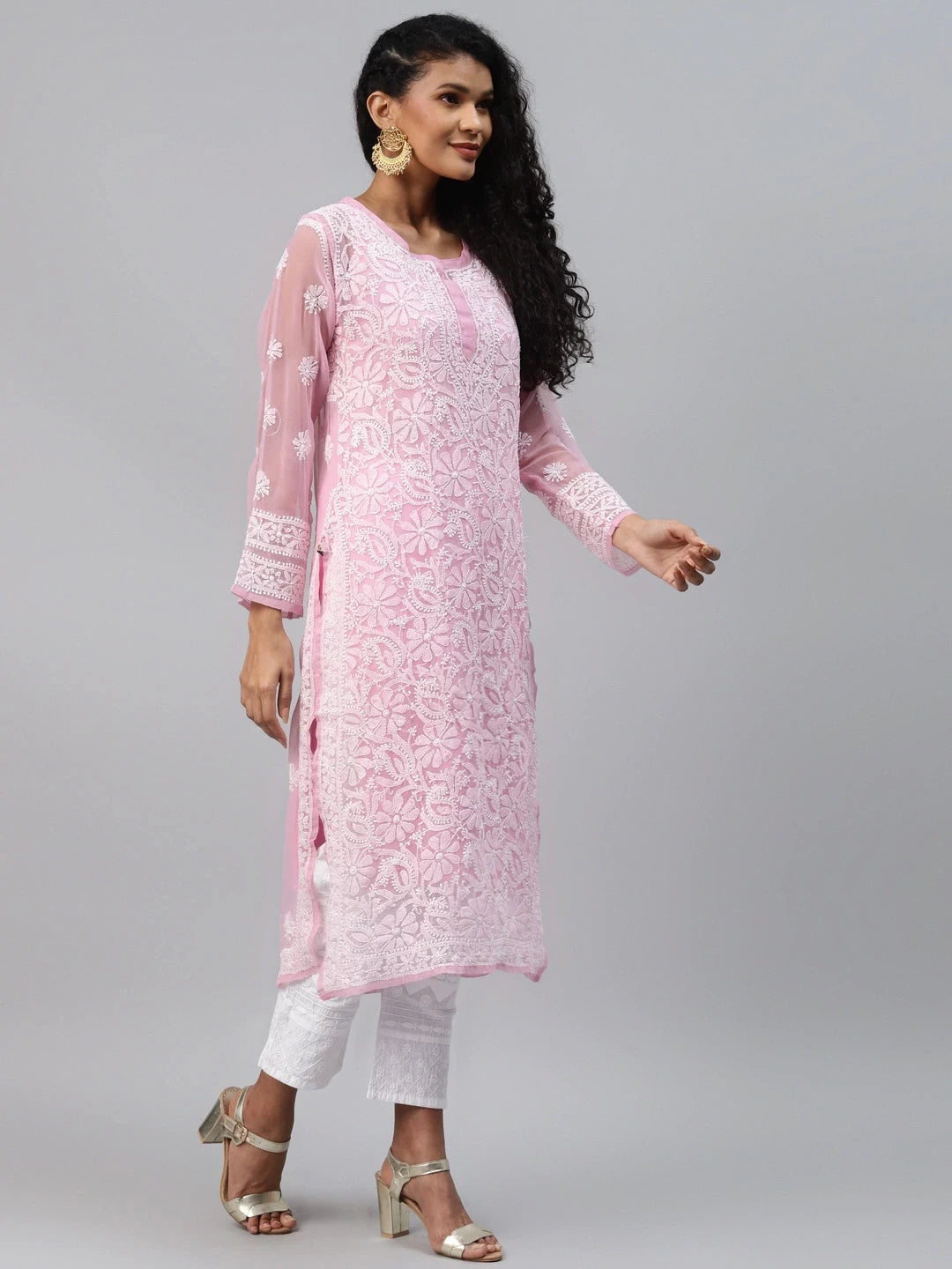 Ada Hand Embroidered Onion Pink Georgette Lucknowi Chikankari Straight Kurta with Slip A186499